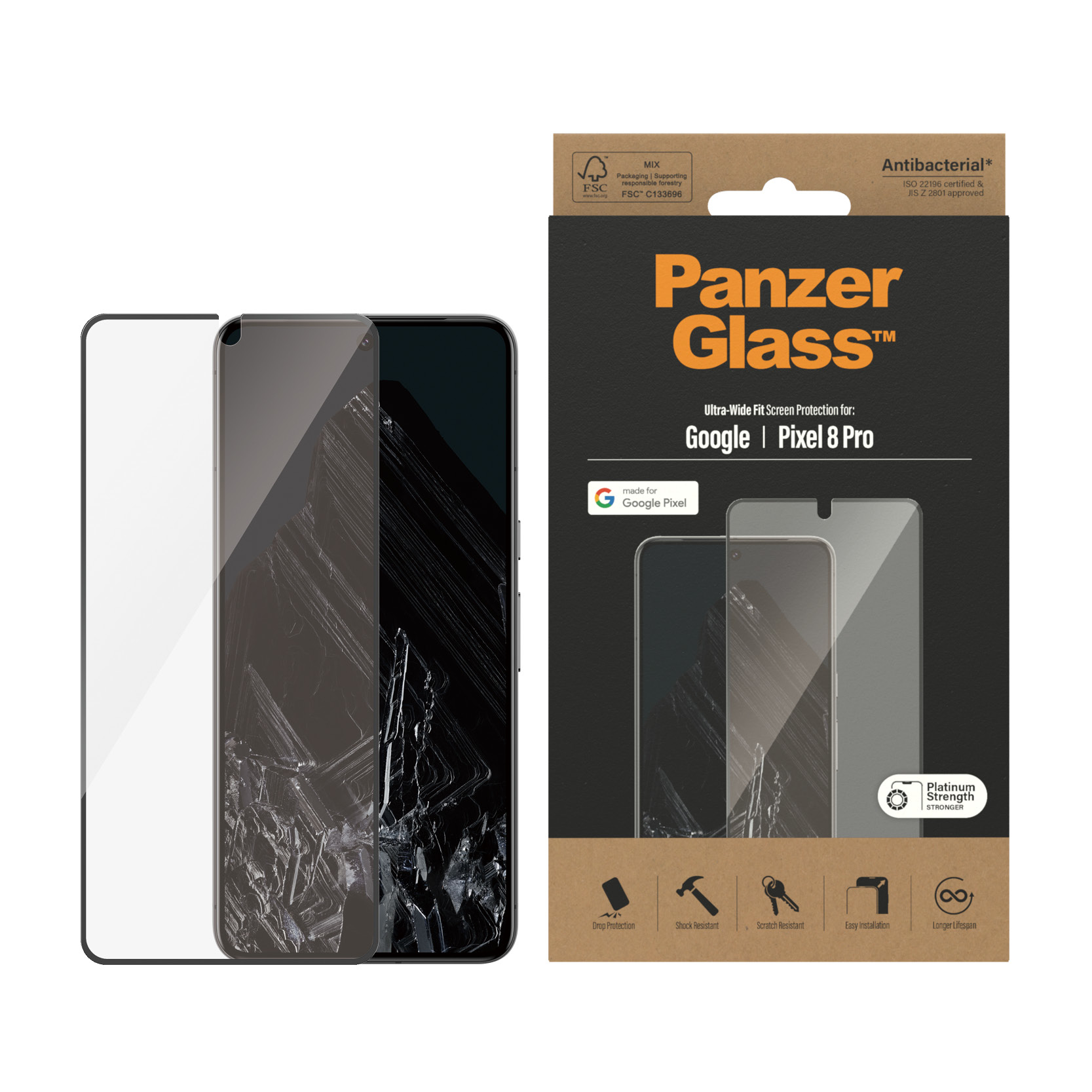 PanzerGlass schermbeschermer voor Google Pixel 8 Pro. Doos toont telefoon en glas. Gebroken telefoon ook zichtbaar.