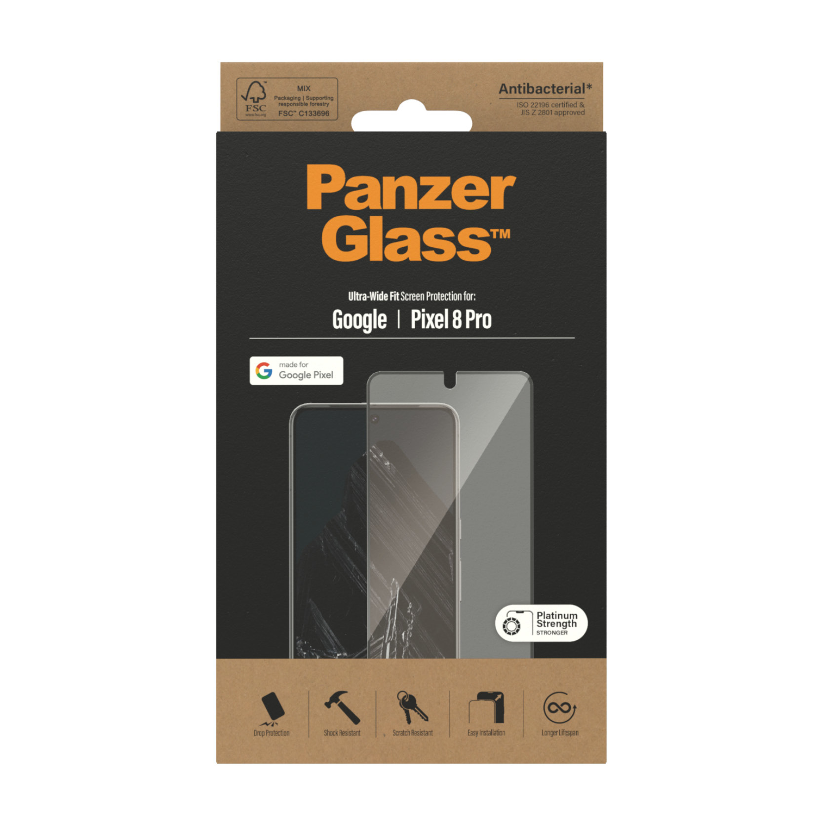 Een doos PanzerGlass schermbeschermer voor Google Pixel 8 Pro. De doos heeft een afbeelding.