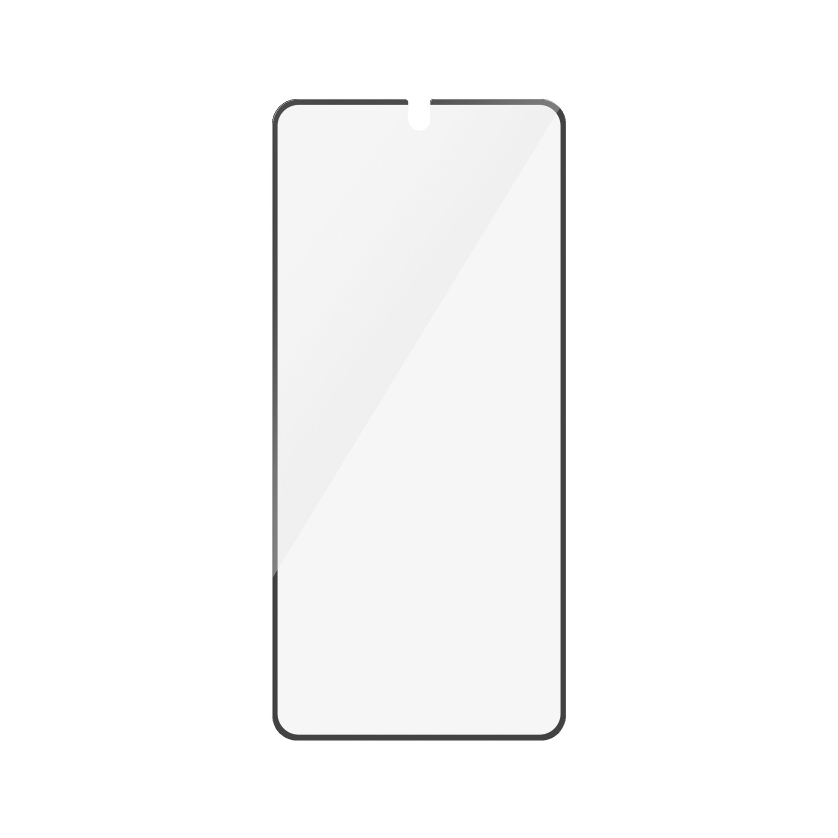 Een doorzichtige telefoonschermbeschermer. Het is rechthoekig met afgeronde hoeken.
