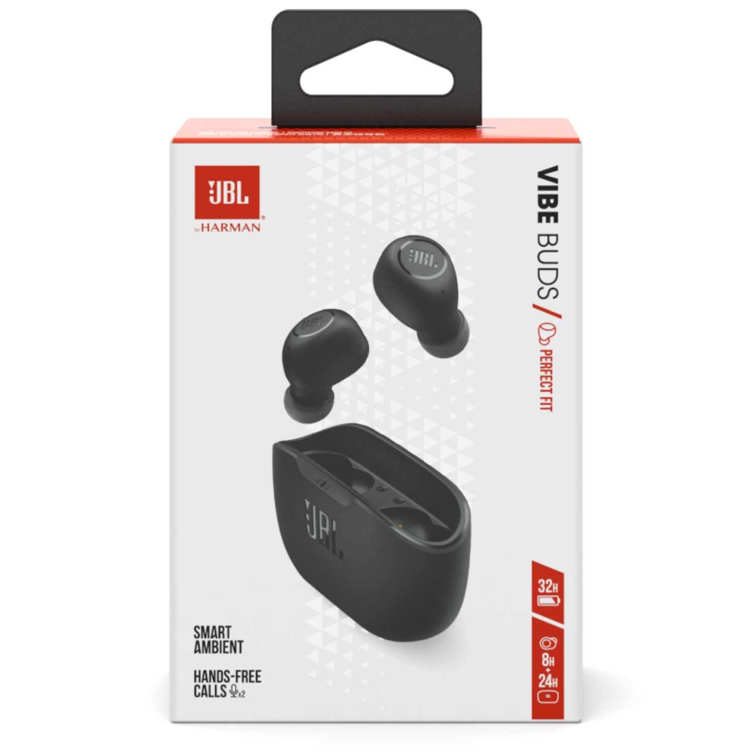 Opakowanie JBL Vibe Buds. Wyświetlane są czarne słuchawki i etui ładujące. Tekst zawiera 'Perfect Fit'.