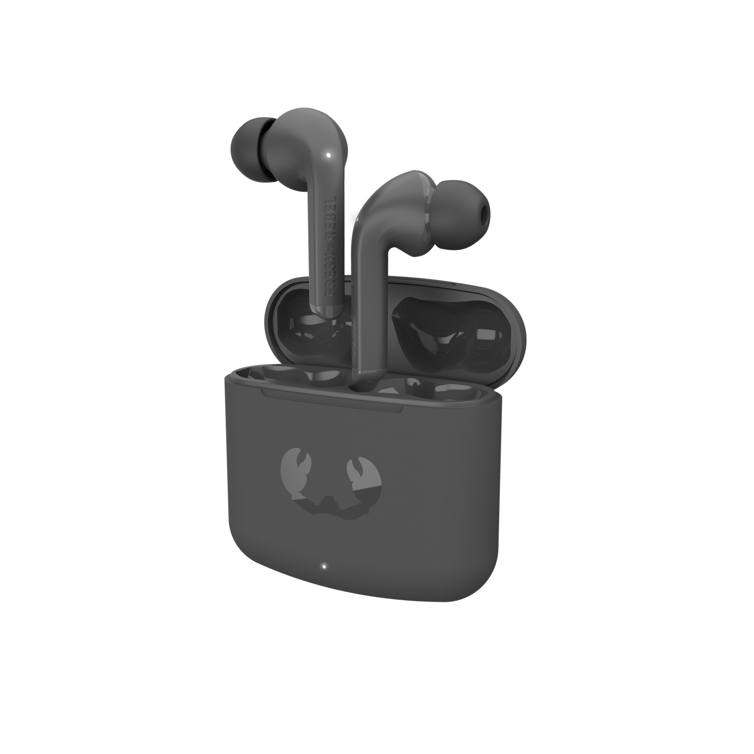 Auriculares grises en un estuche de carga, fondo blanco. El estuche tiene un logotipo de cangrejo.