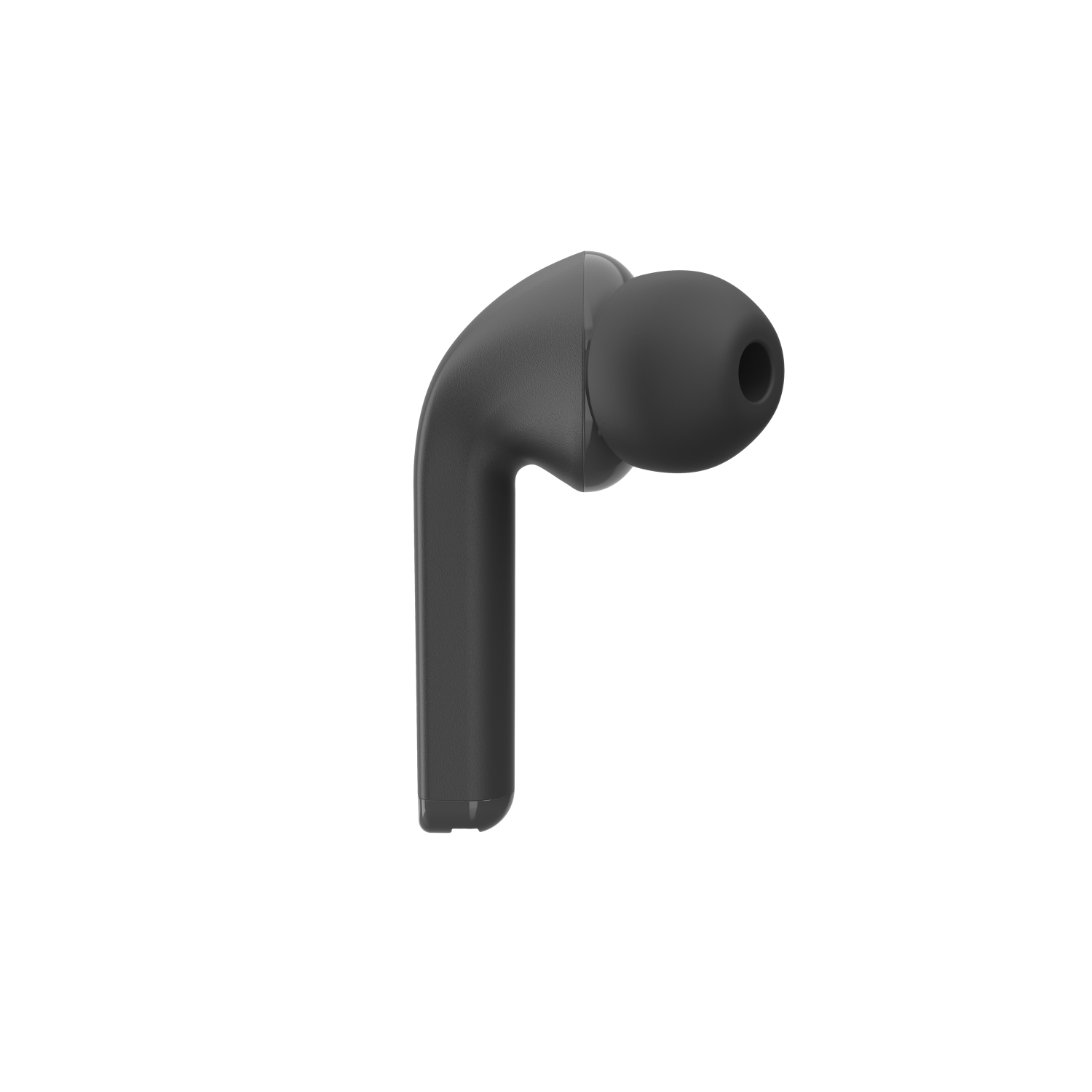 Primer plano de un solo auricular inalámbrico negro. Fondo blanco.