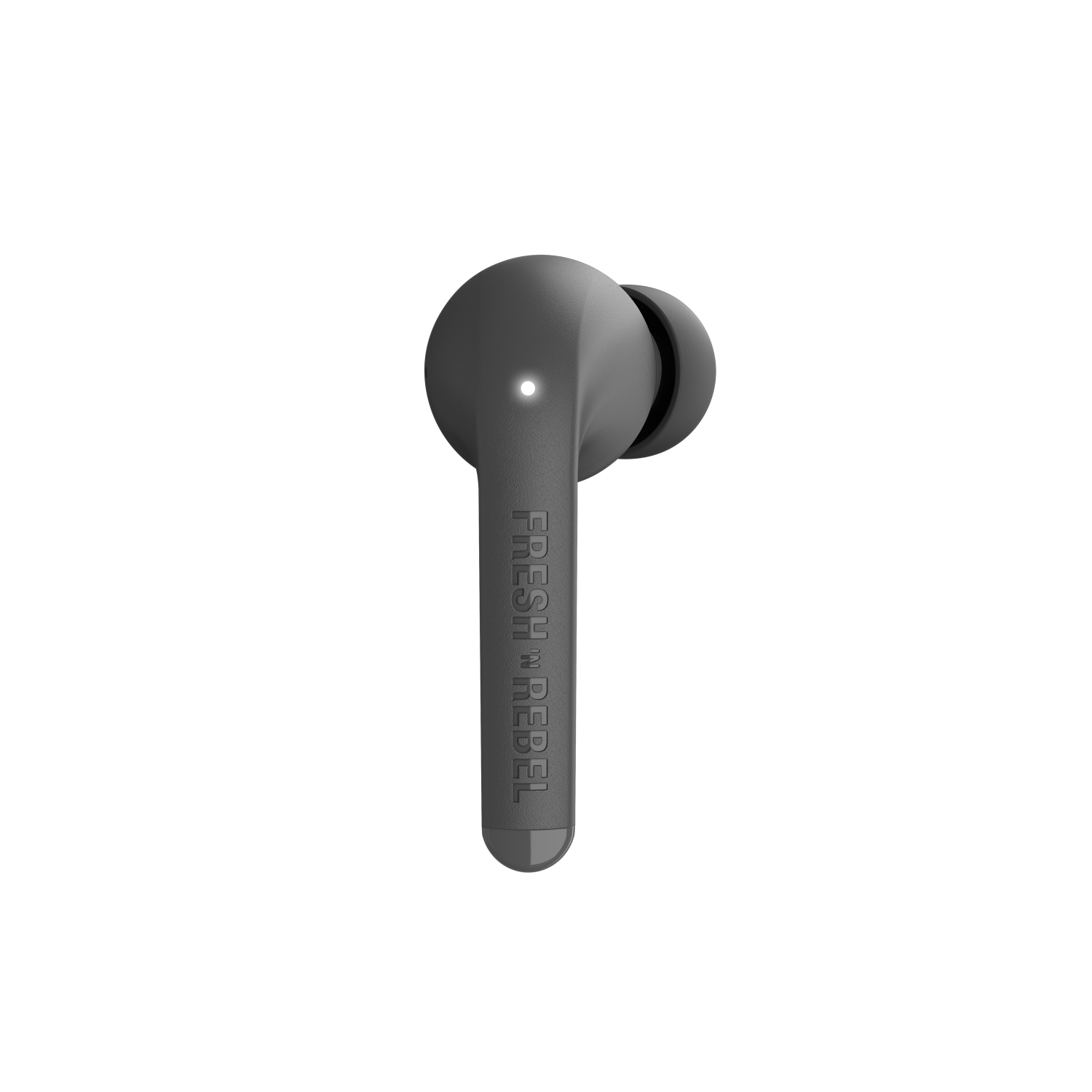 Auricular gris Fresh Rebel. El tallo tiene logotipo. Fondo blanco.