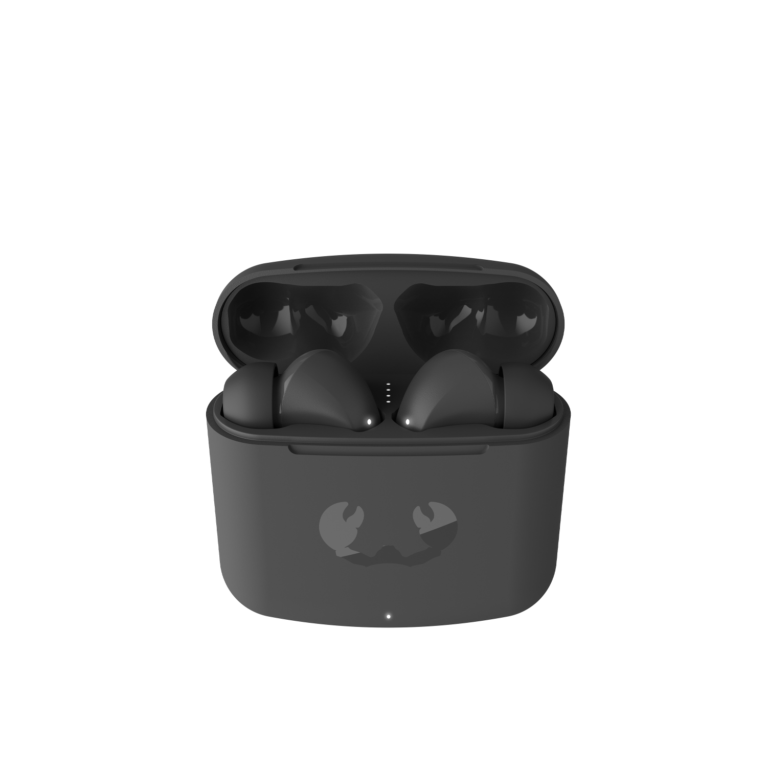 Un par de auriculares inalámbricos negros dentro de un estuche de carga gris oscuro.