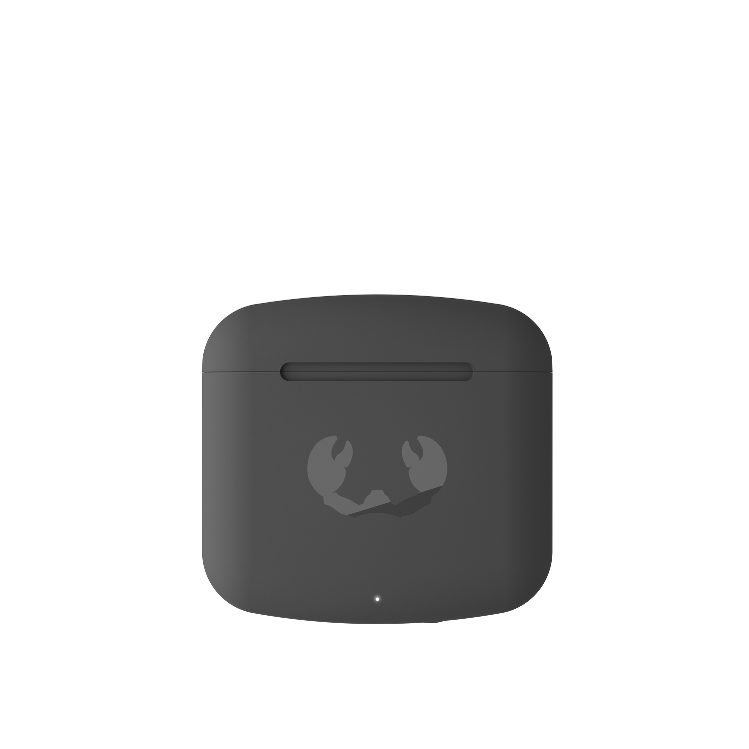 Estuche gris oscuro para auriculares con el logo de un cangrejo, luz blanca de carga.