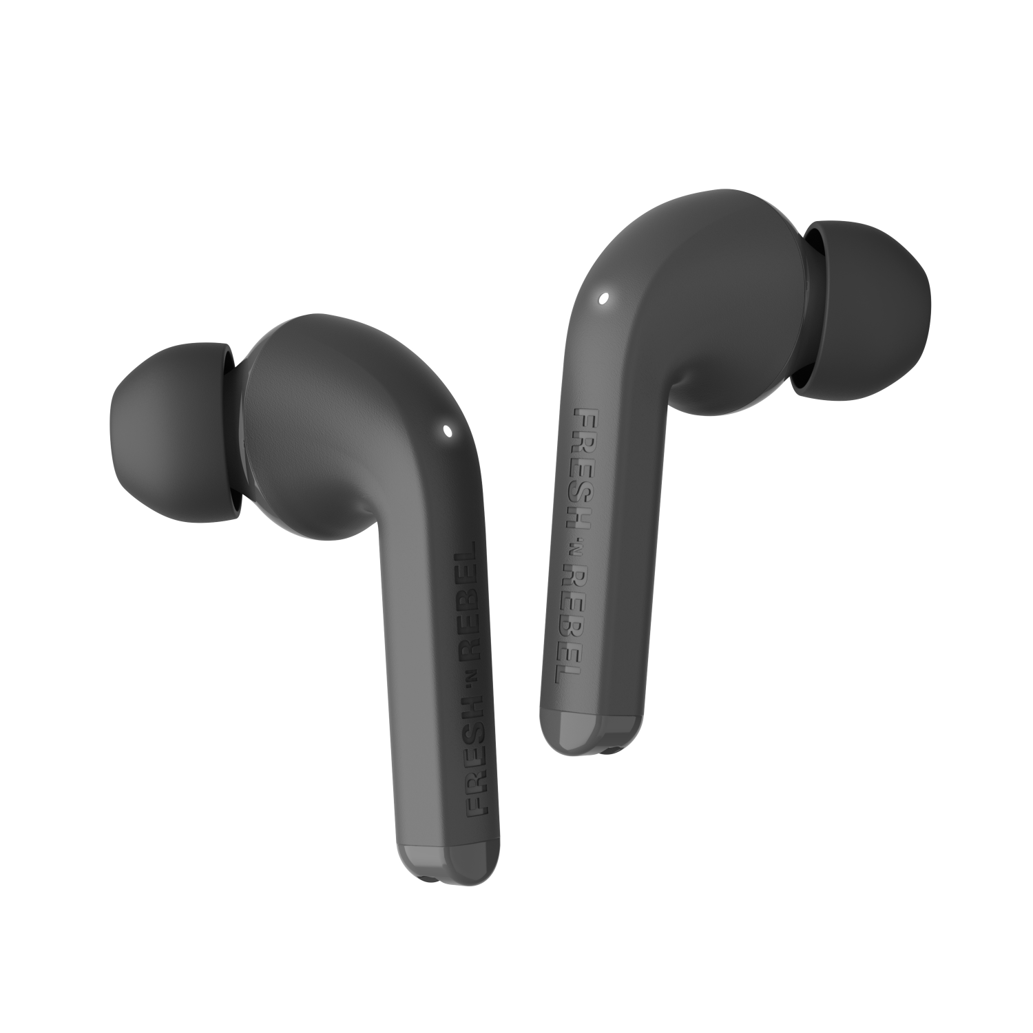 Dos auriculares inalámbricos negros con texto 'FRESH REBEL', sobre fondo blanco.