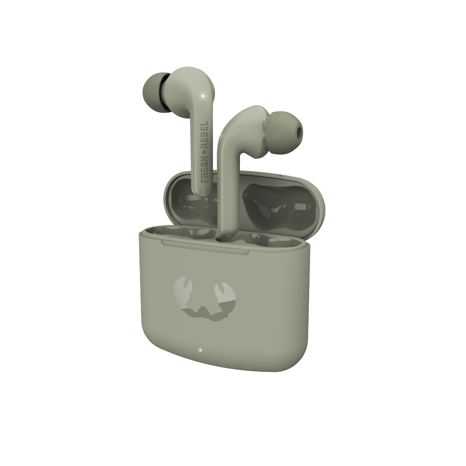 Grüne Fresh Rebel-Ohrhörer in einem Case auf weißem Hintergrund. Das Case hat ein Krabben-Icon.