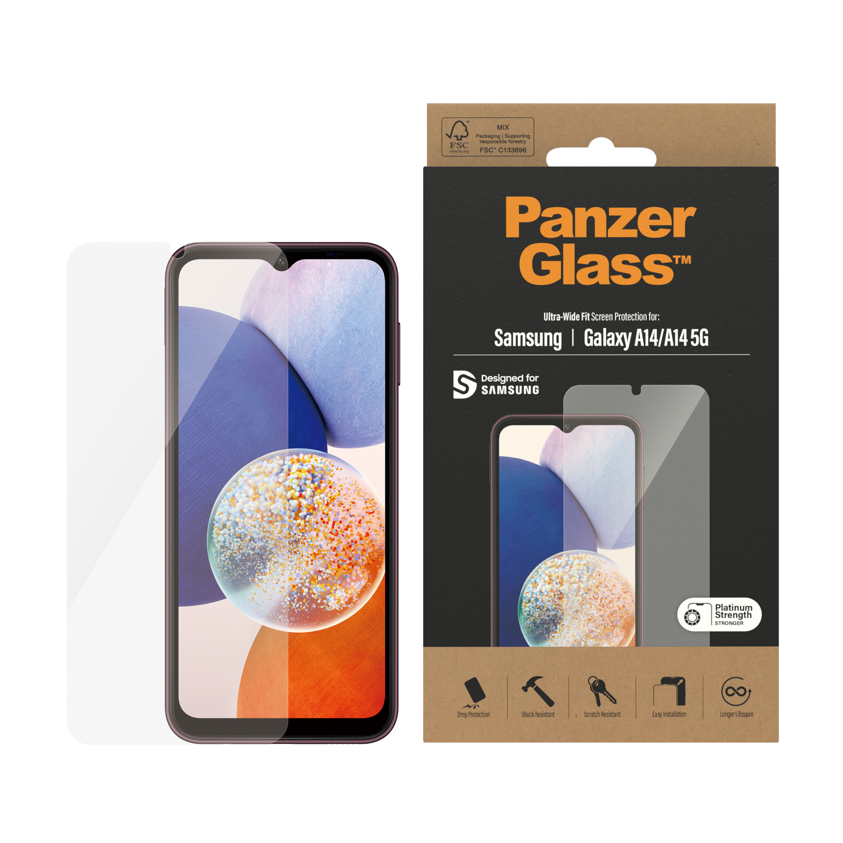 Pudełko z ochroną ekranu Panzer Glass do Samsung Galaxy A14/A14 5G. Zawiera osłonę i obraz telefonu.