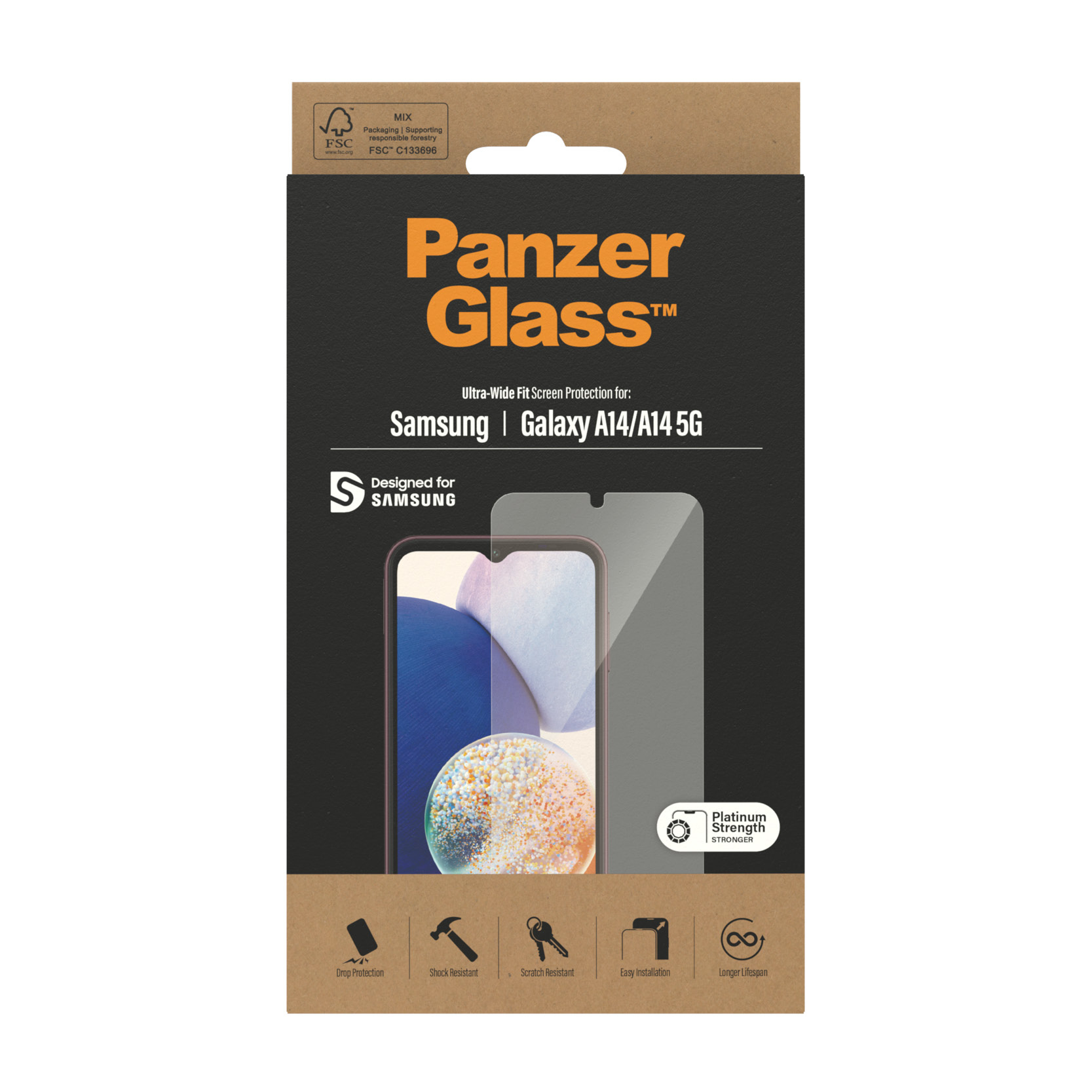 Pudełko z ochraniaczem ekranu PanzerGlass do Samsung Galaxy A14/A14 5G. Pokazuje telefon i ochraniacz.