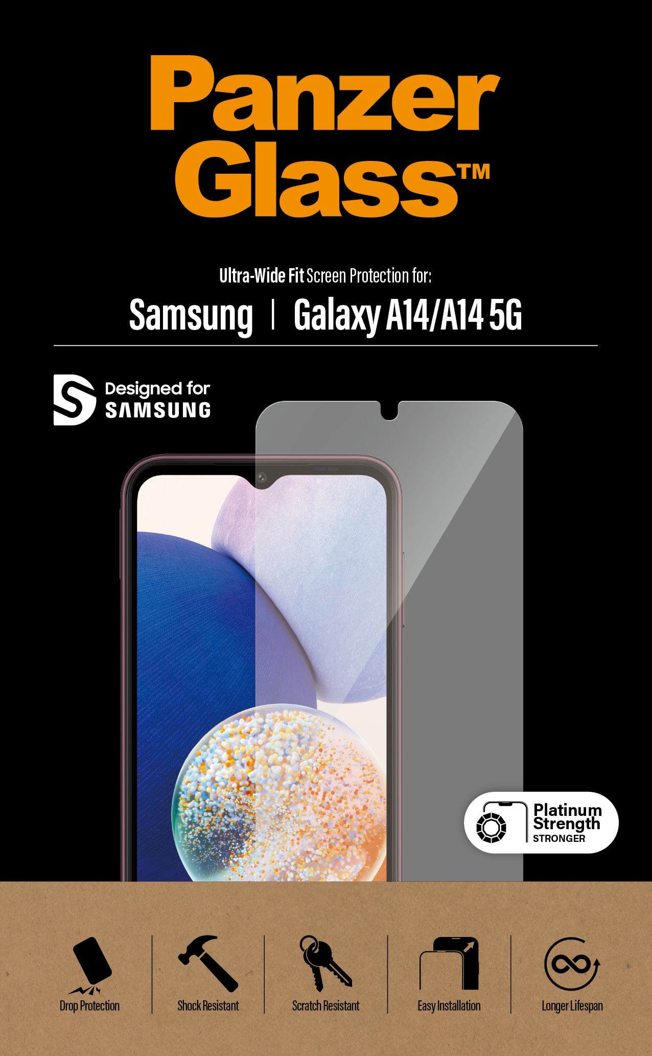 Ochraniacz ekranu PanzerGlass do Samsung Galaxy A14/A14 5G. Pokazano telefon i ochraniacz.
