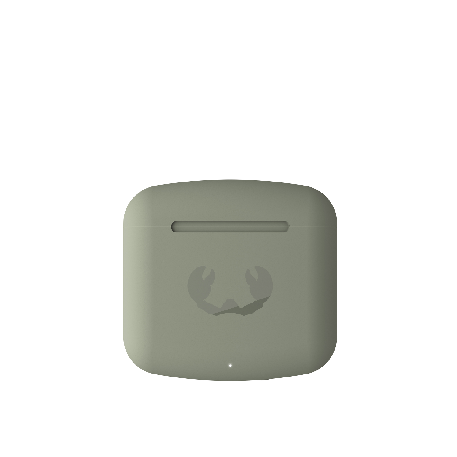 Olivgrünes AirPods-Case mit Krabbenlogo. Weißer Hintergrund und Ladeanzeige.