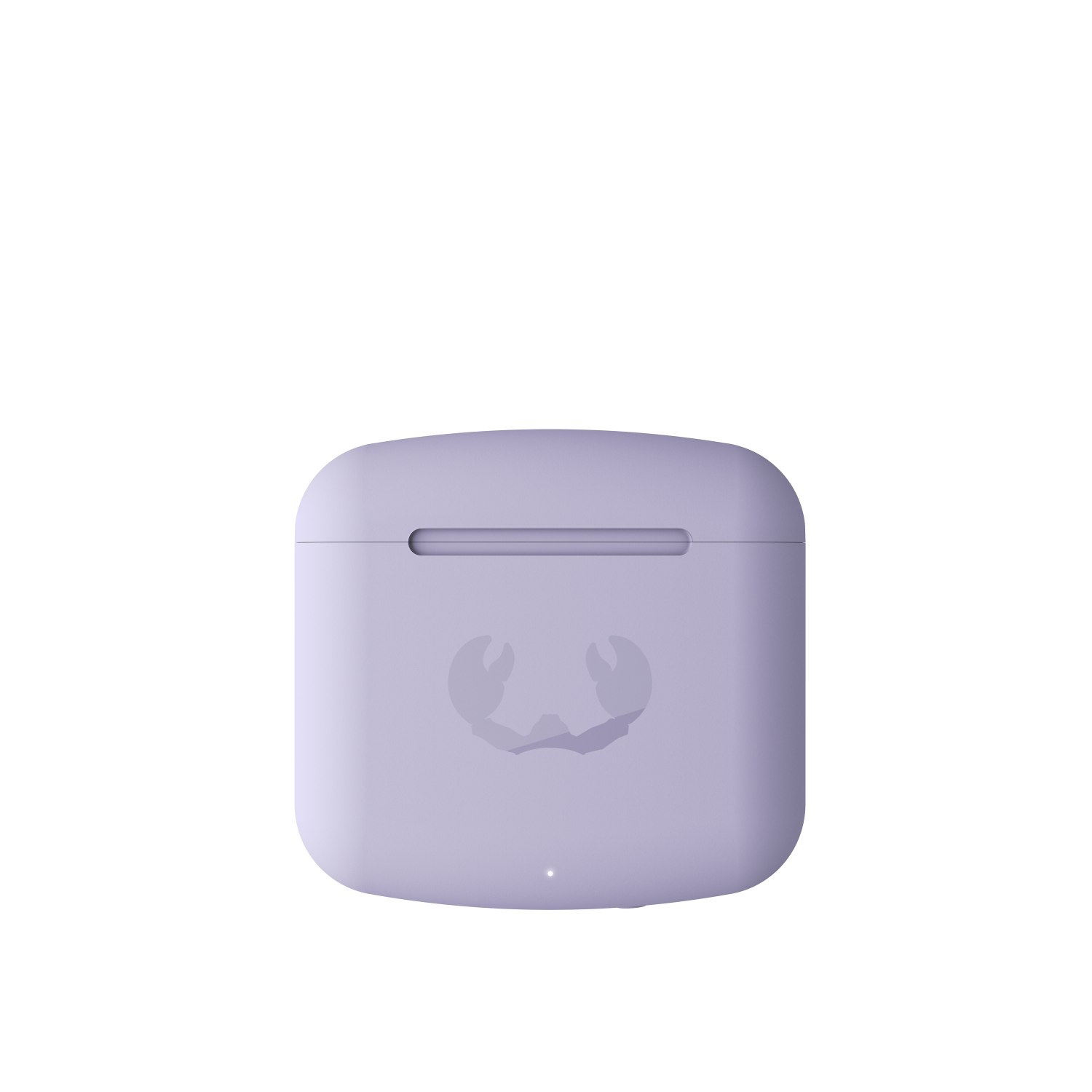 Ein lavendelfarbenes AirPods-Case mit einem Logo von drei Krabbenklauen auf der Vorderseite.
