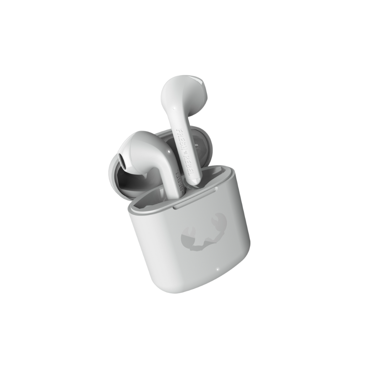 Deux écouteurs blancs dans leur étui de chargement blanc. Fond noir. La marque est visible.