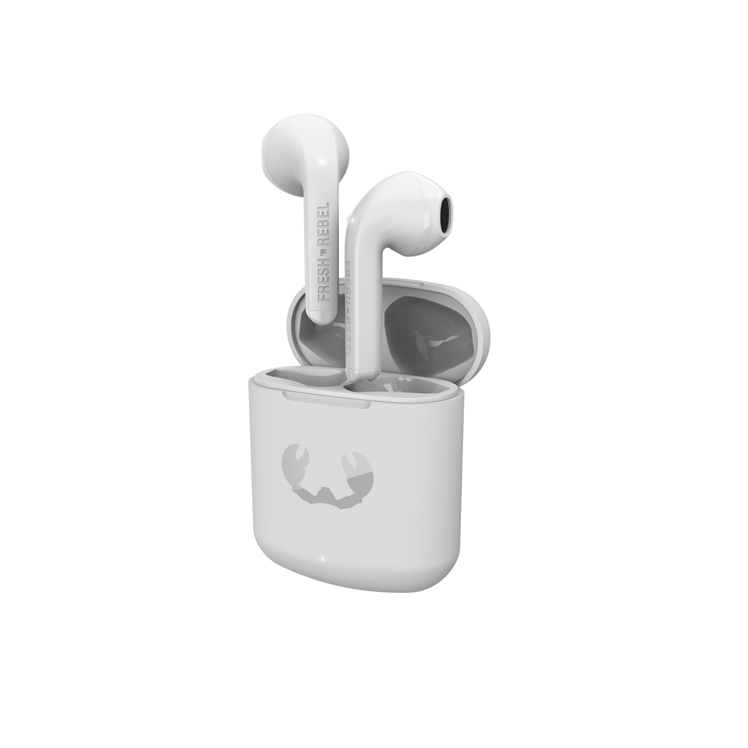 Écouteurs sans fil et étui de chargement blancs avec logo de marque blanc.