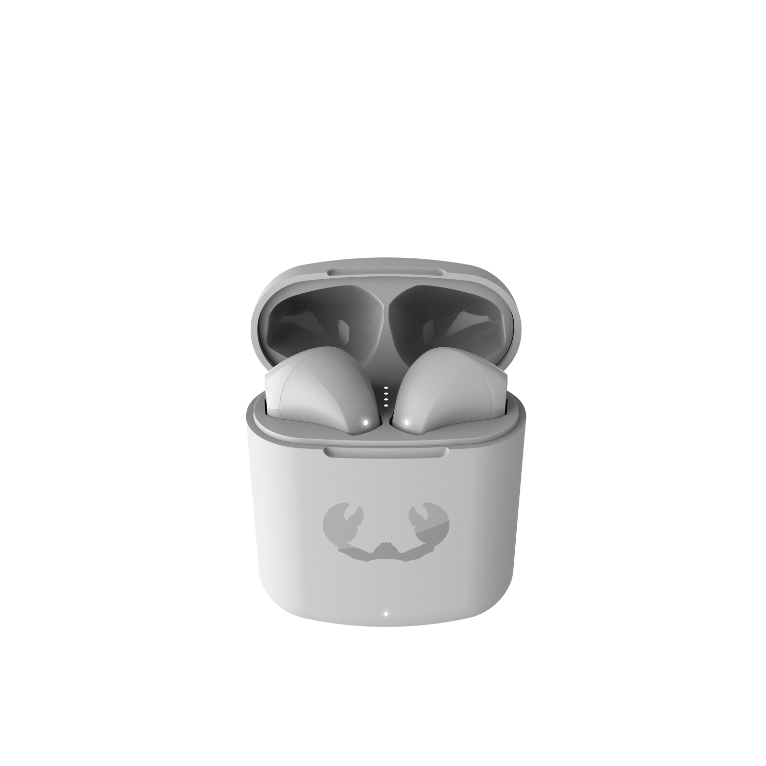 Étui de chargement d'écouteurs gris ouvert, avec deux écouteurs à l'intérieur, fond blanc.