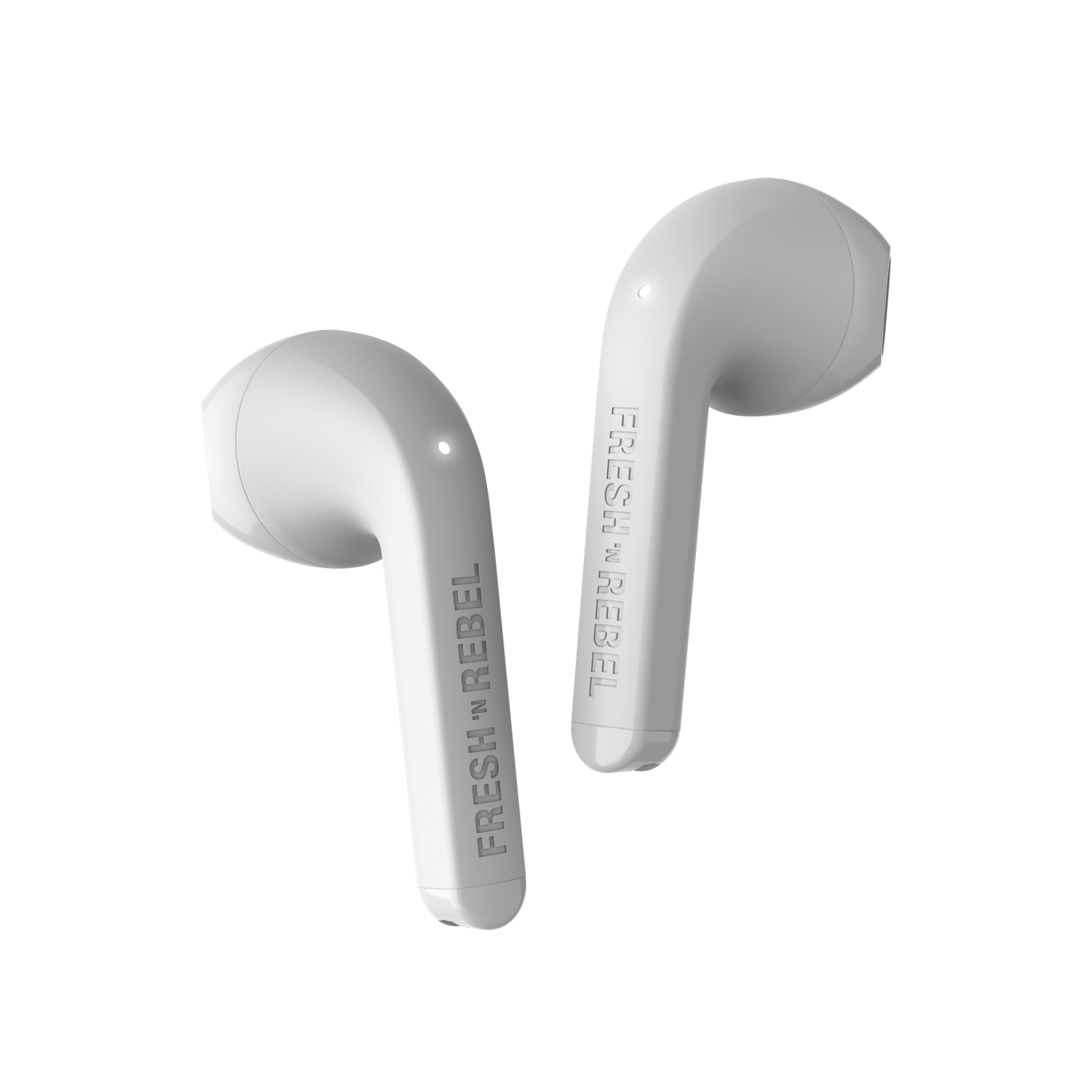 Écouteurs blancs avec le texte "FRESH 'N REBEL" sur la tige.