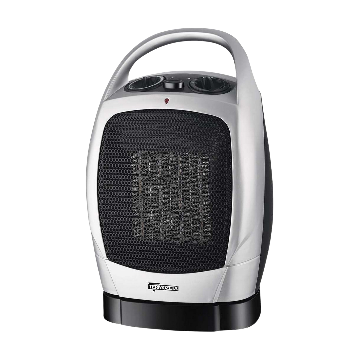Termoventilatore elettrico bianco e argento con frontale nero, su sfondo nero.