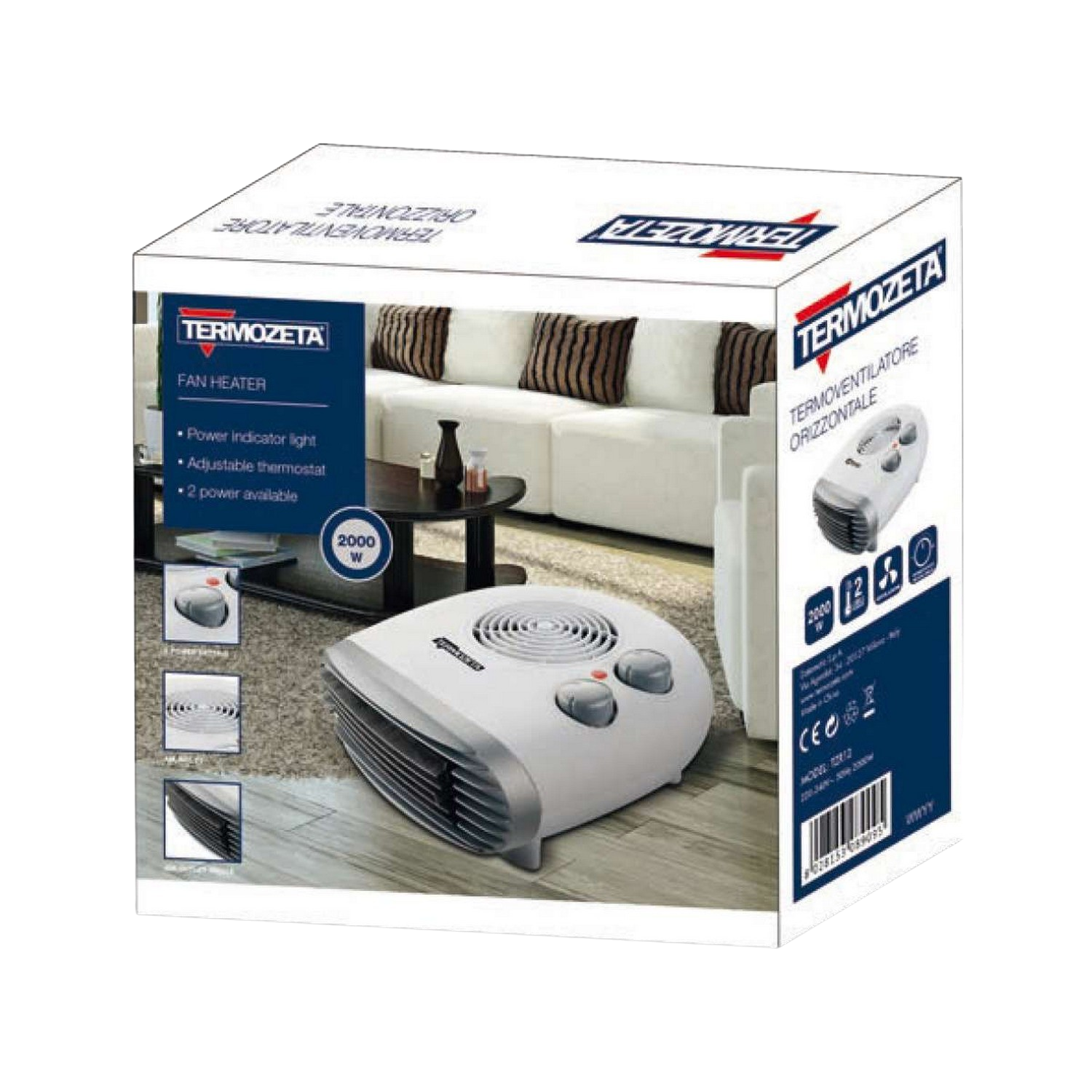 Scatola di un termoventilatore bianco, con immagini e testo, sfondo interno. Marchio TERMOZETA.