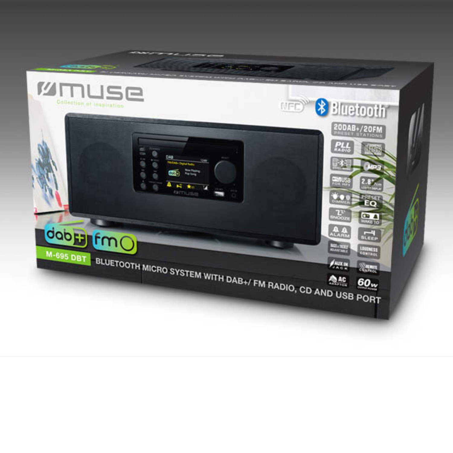 A black Muse Bluetooth micro system box, with DAB/FM radio, CD, and USB port details.