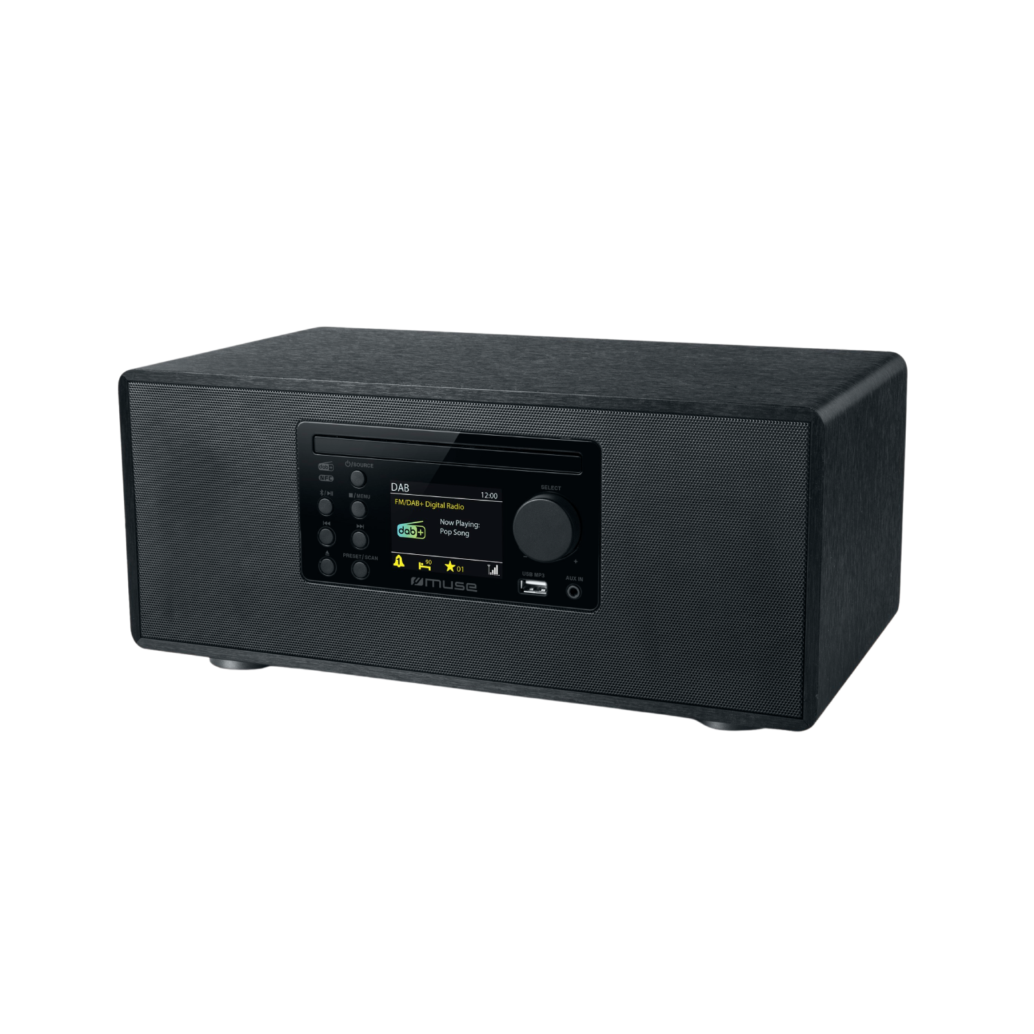 A black digital radio with a screen and buttons.