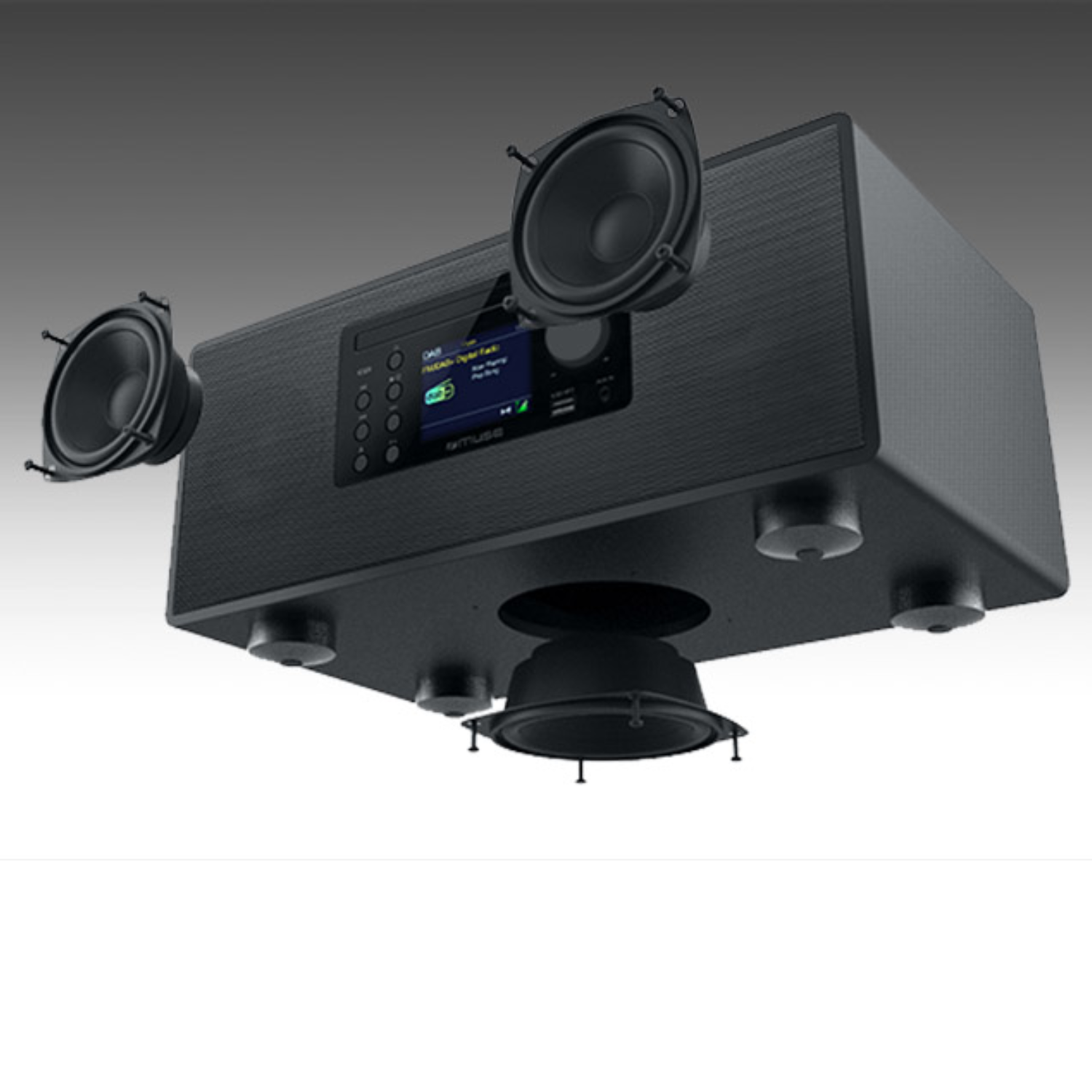 A black stereo with two speakers on sides and one in the middle. A screen is in the middle.