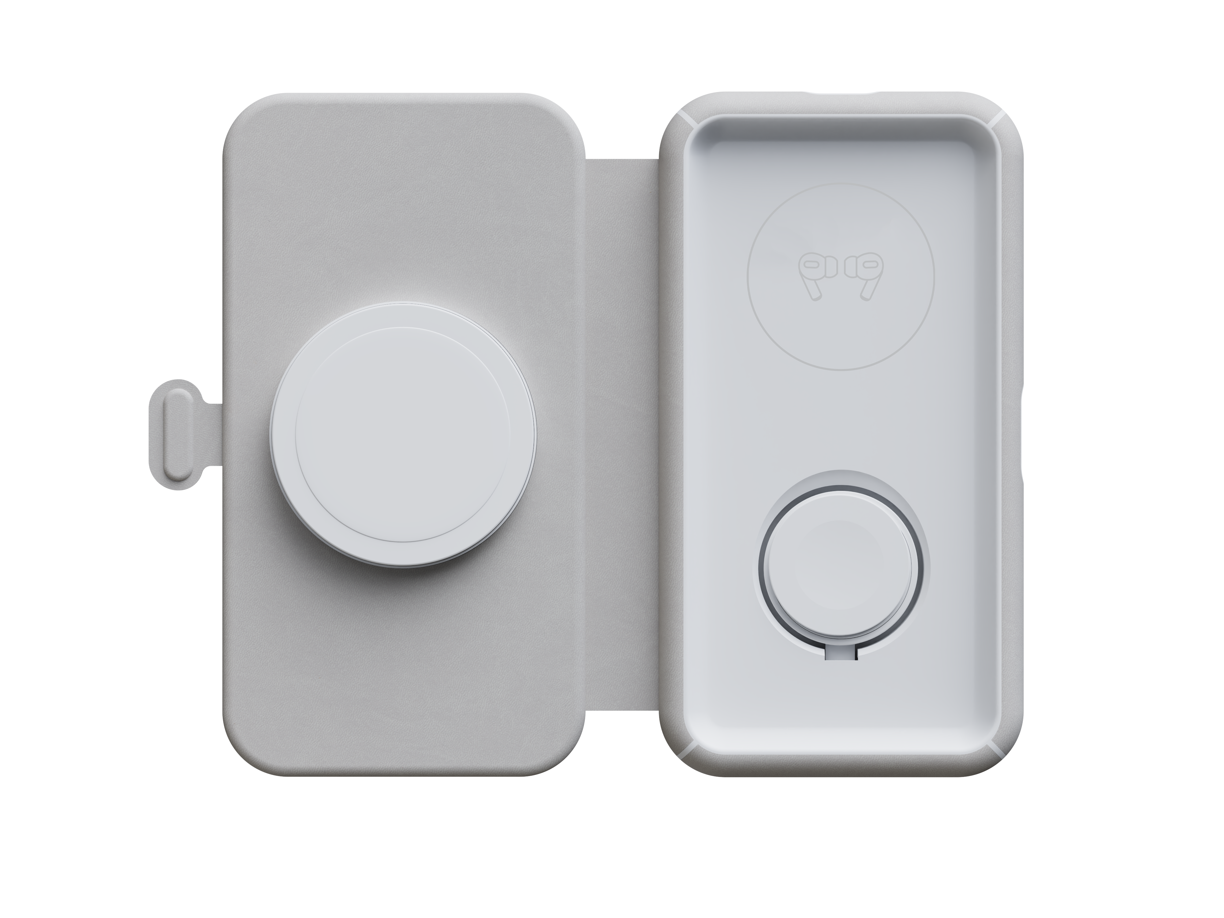 Eine weiße Ladestation für Apple Watch und AirPods, offen, auf schwarzem Hintergrund.