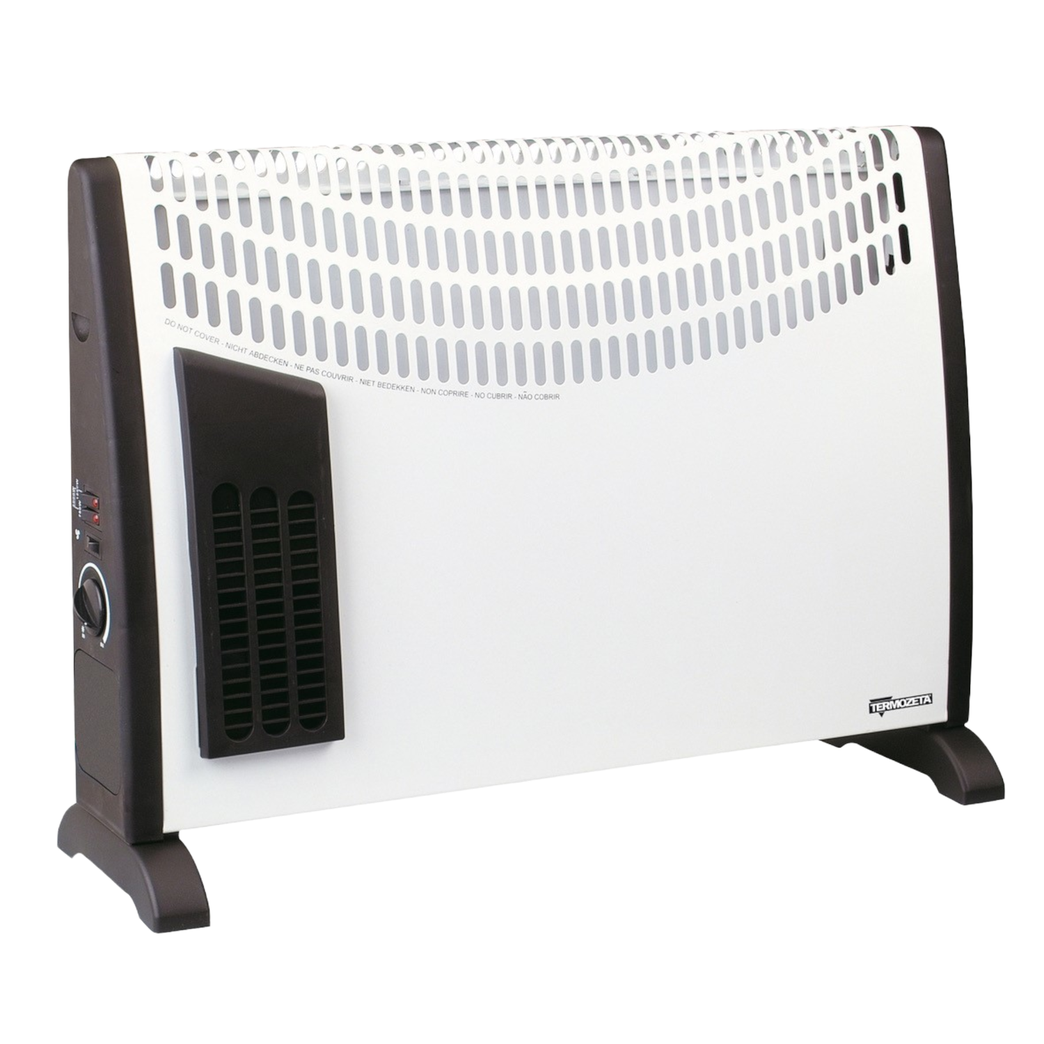Biały grzejnik elektryczny z czarnym przodem i czarną podstawą. Widoczna jest marka Termozeta.