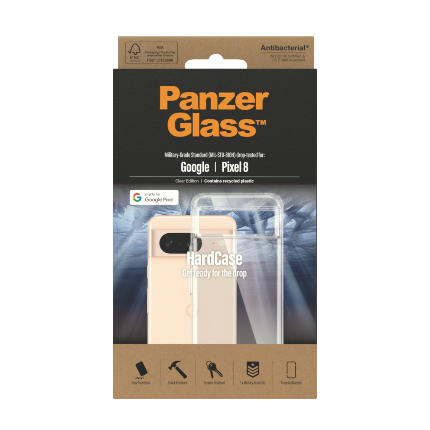 Custodia Panzer Glass per Google Pixel 8, cover rigida trasparente. Dice 'Get ready for the drop'.