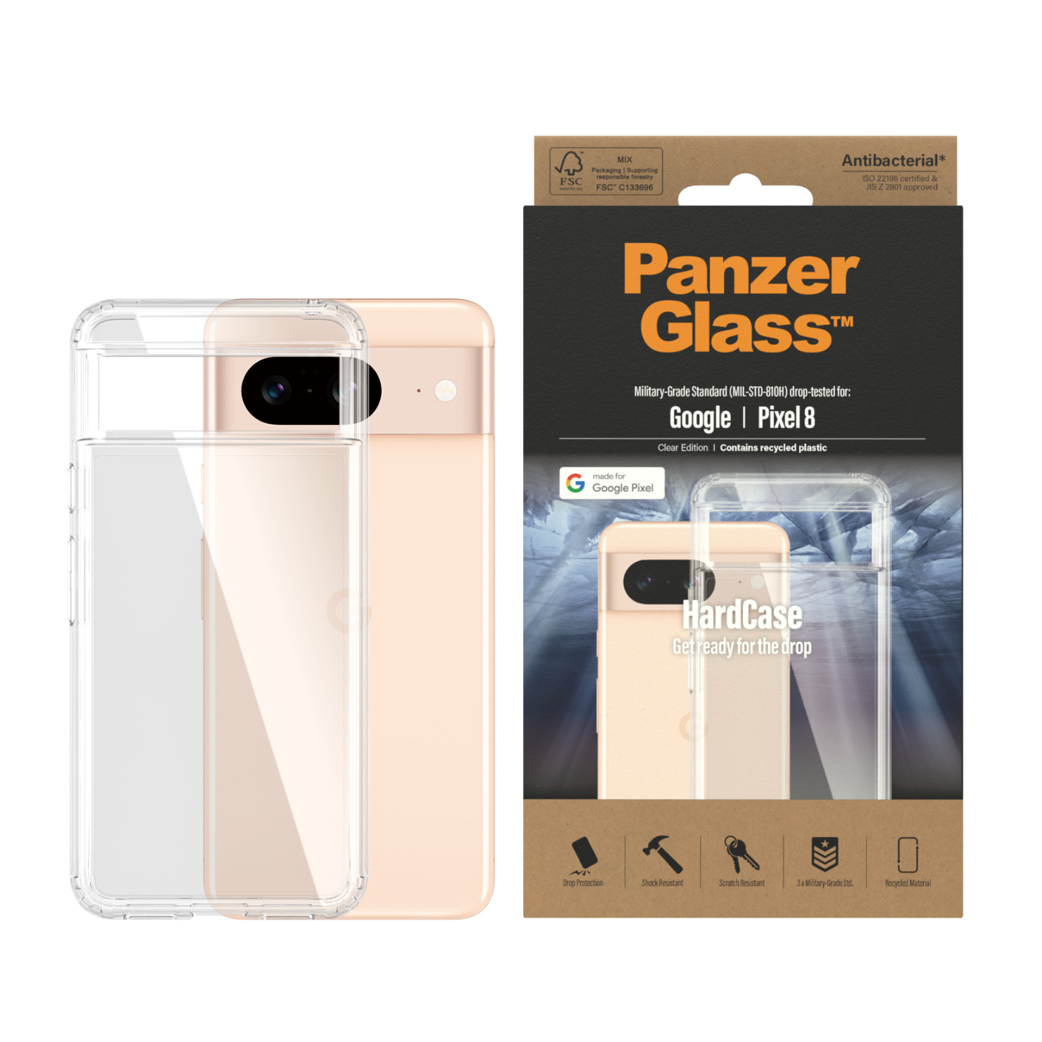 Custodia PanzerGlass per Google Pixel 8. La scatola mostra la custodia e il telefono all'interno. Ha protezione da caduta.