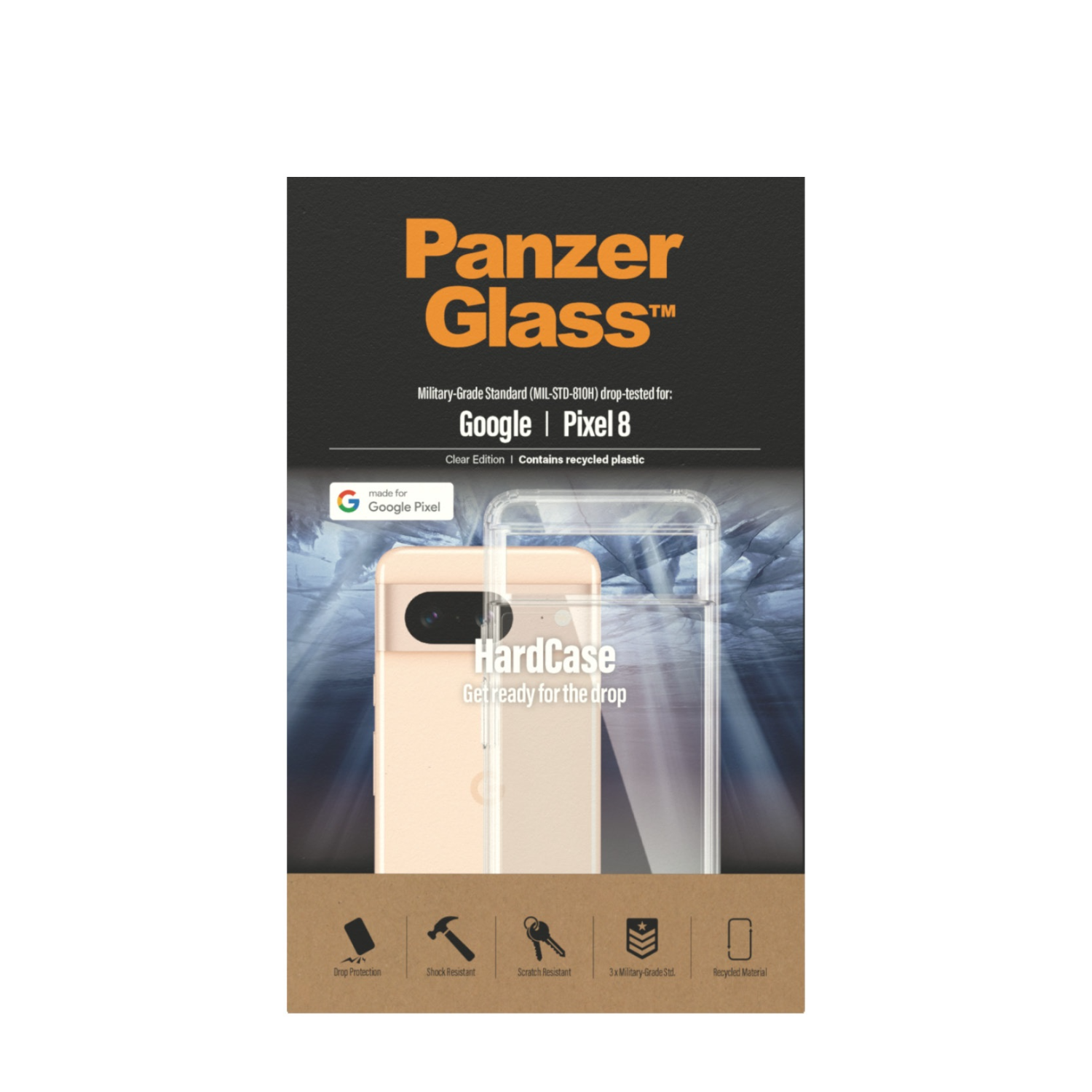 Scatola di PanzerGlass con una custodia per telefono e un telefono all'interno, con testo e icone.