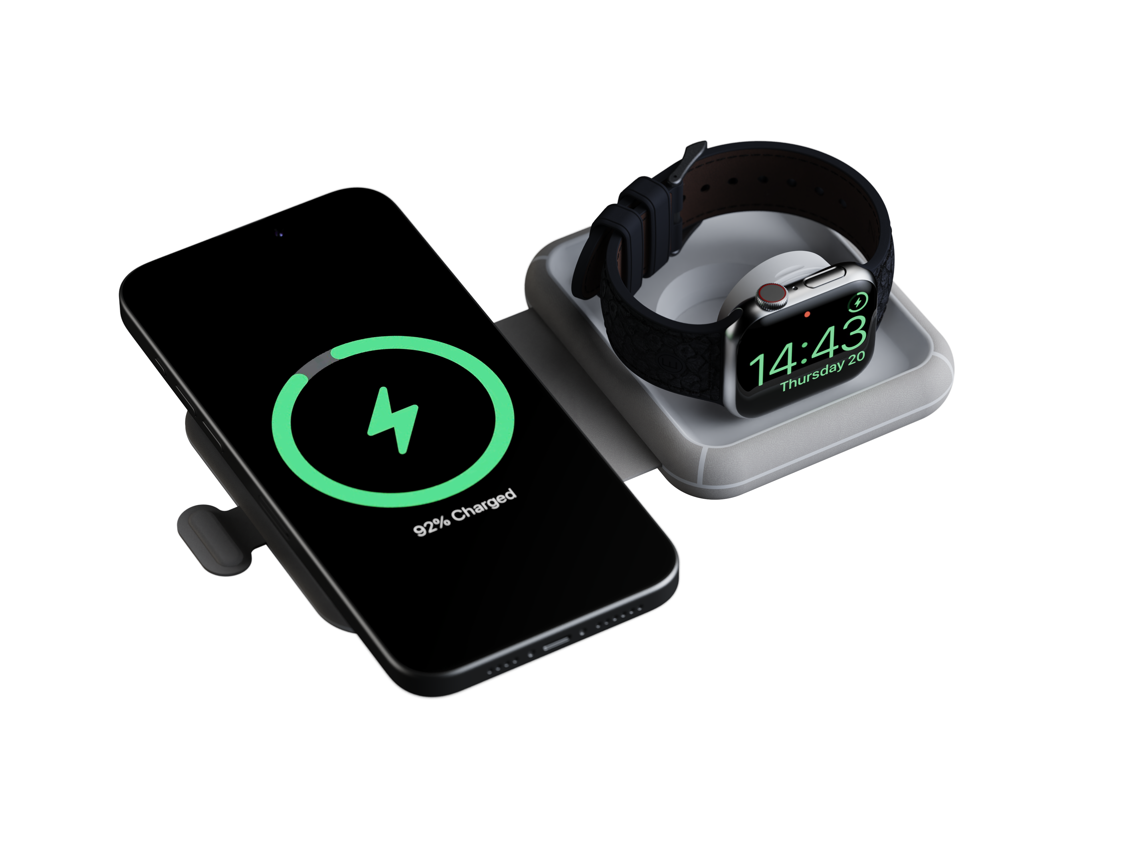 Ein Telefon, das drahtlos mit einem grünen Blitz lädt, und eine Uhr auf einem Ladegerät.