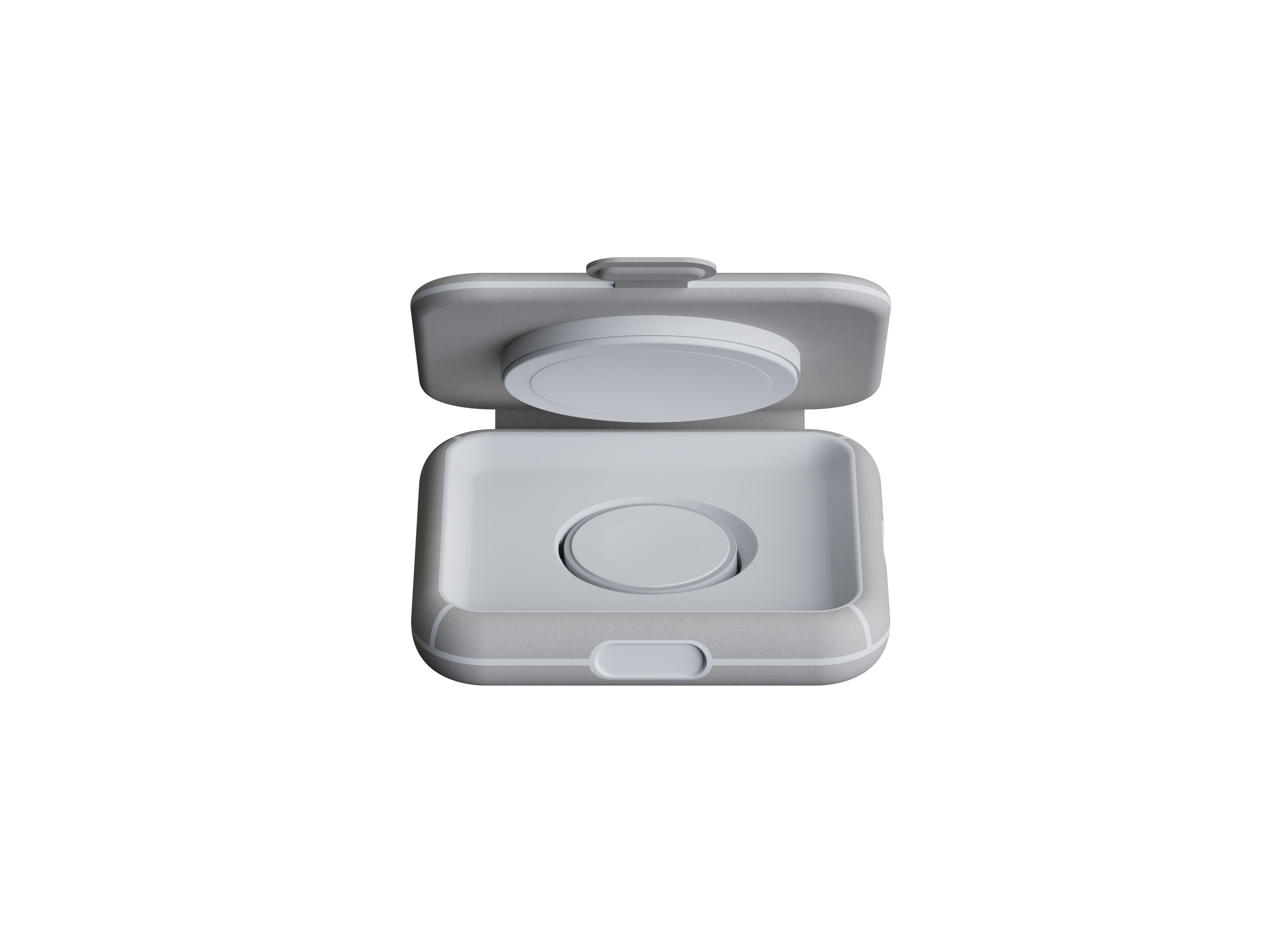 Ein weißes Apple Watch-Ladecase ist geöffnet und zeigt eine Uhr im Inneren. Der Hintergrund ist schwarz.