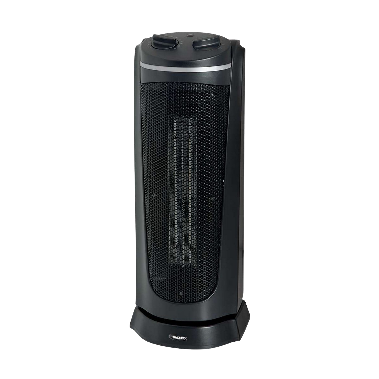 Un termoventilatore elettrico alto, nero, con un frontale a rete, su sfondo nero. Due quadranti sono in alto.