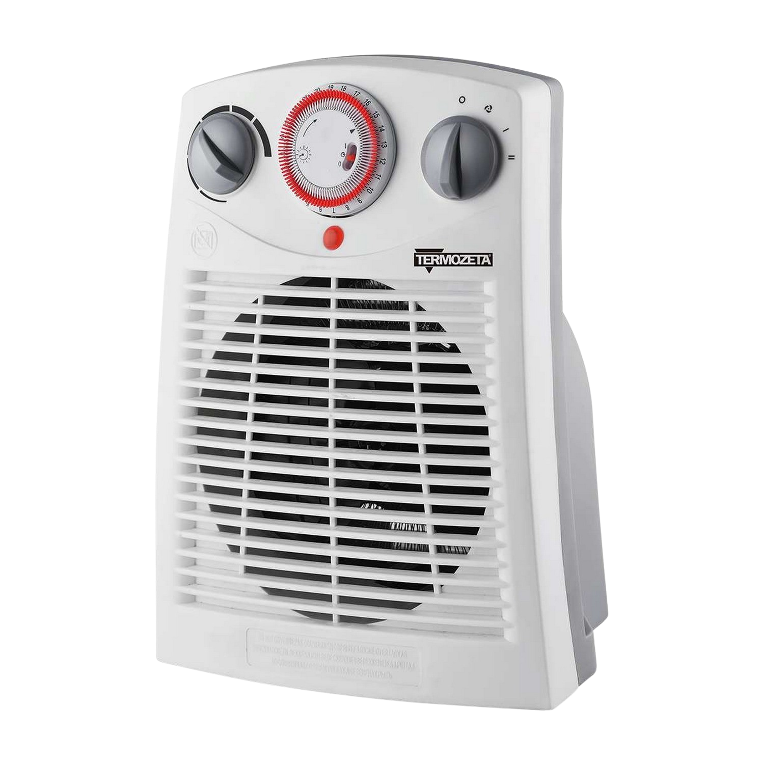 Un termoventilatore elettrico Termozeta bianco con comandi. Sfondo bianco.