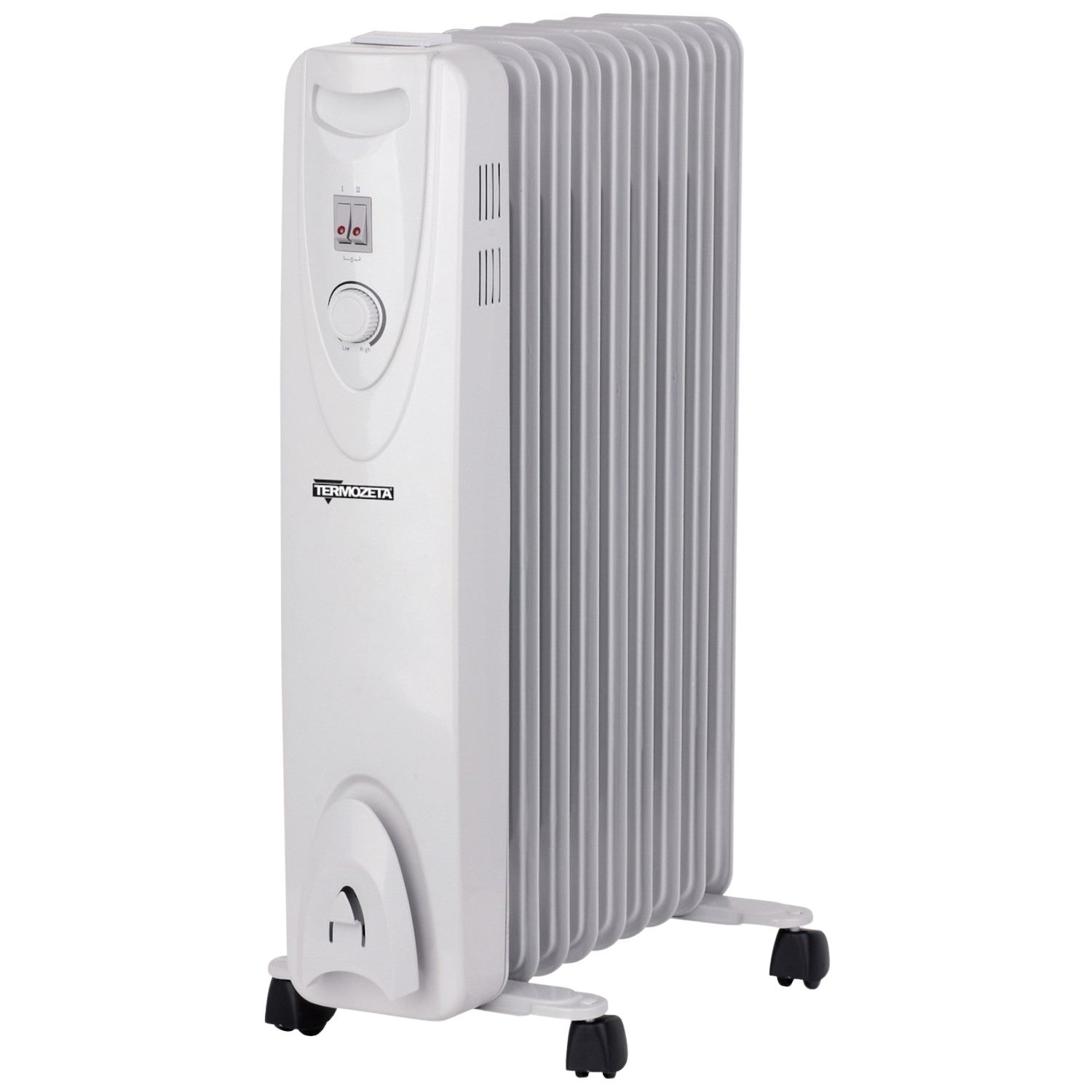 Biały kaloryfer olejowy z elementami sterującymi i kółkami, na czarnym tle. Widoczna marka Termozeta.
