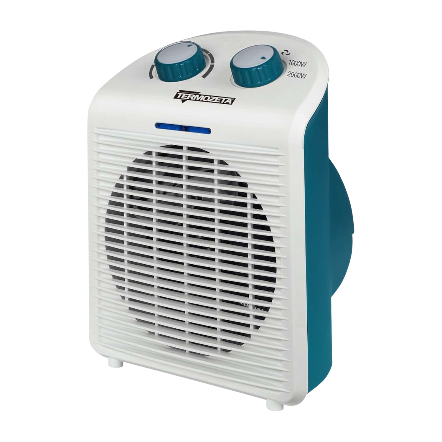 Biało-turkusowy grzejnik Termozeta z pokrętłami. Otwory wentylacyjne z przodu.