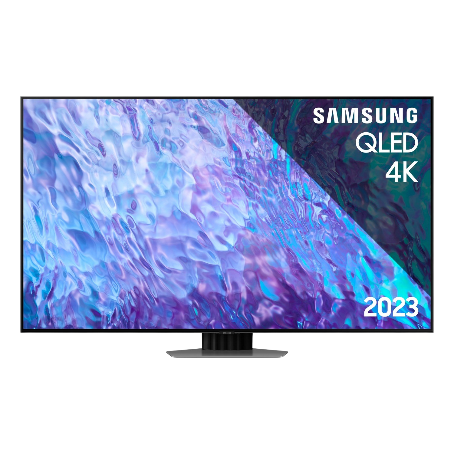 Widok z przodu telewizora Samsung QLED 4K z niebieskim i fioletowym ekranem.