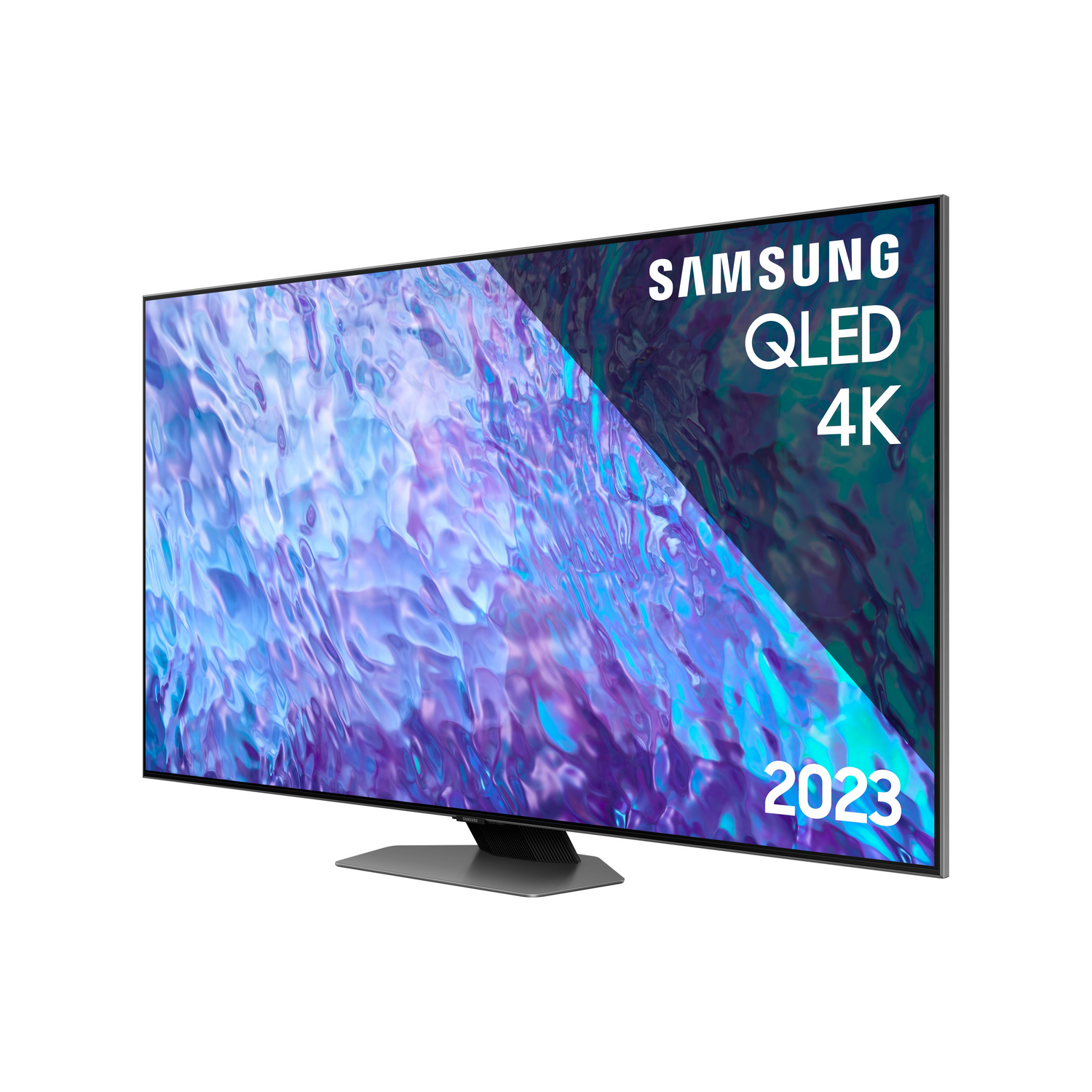 Telewizor Samsung QLED 4K na białym tle. Telewizor wyświetla kolorowy obraz.
