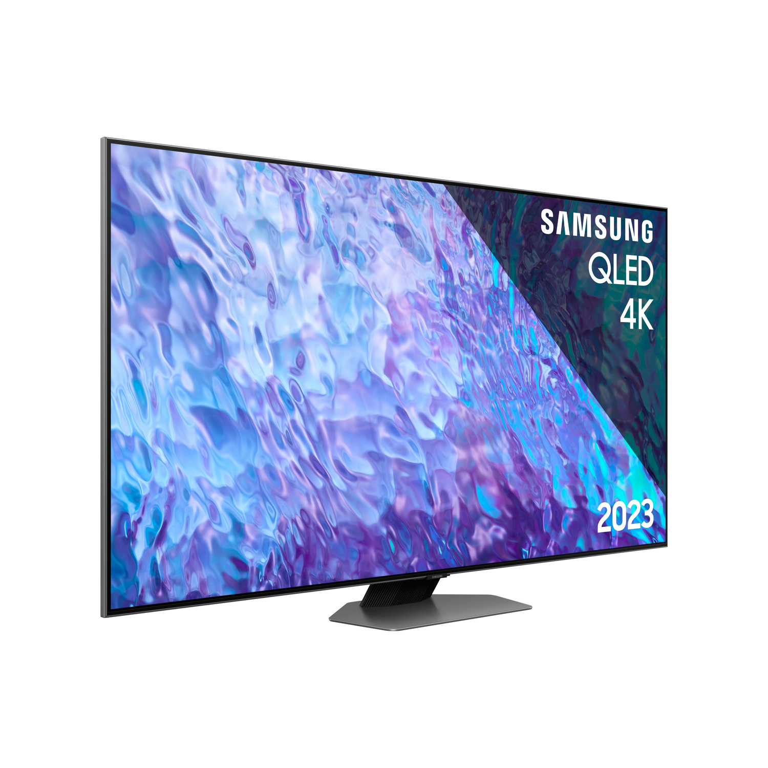 Telewizor Samsung QLED 4K, widok pod kątem, z niebiesko-fioletowym tłem abstrakcyjnym. Etykieta 2023.