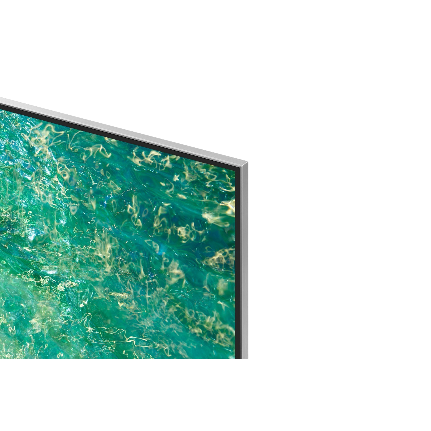 Narożnik ekranu telewizora z żywym, zielono-żółtym wzorem wody.