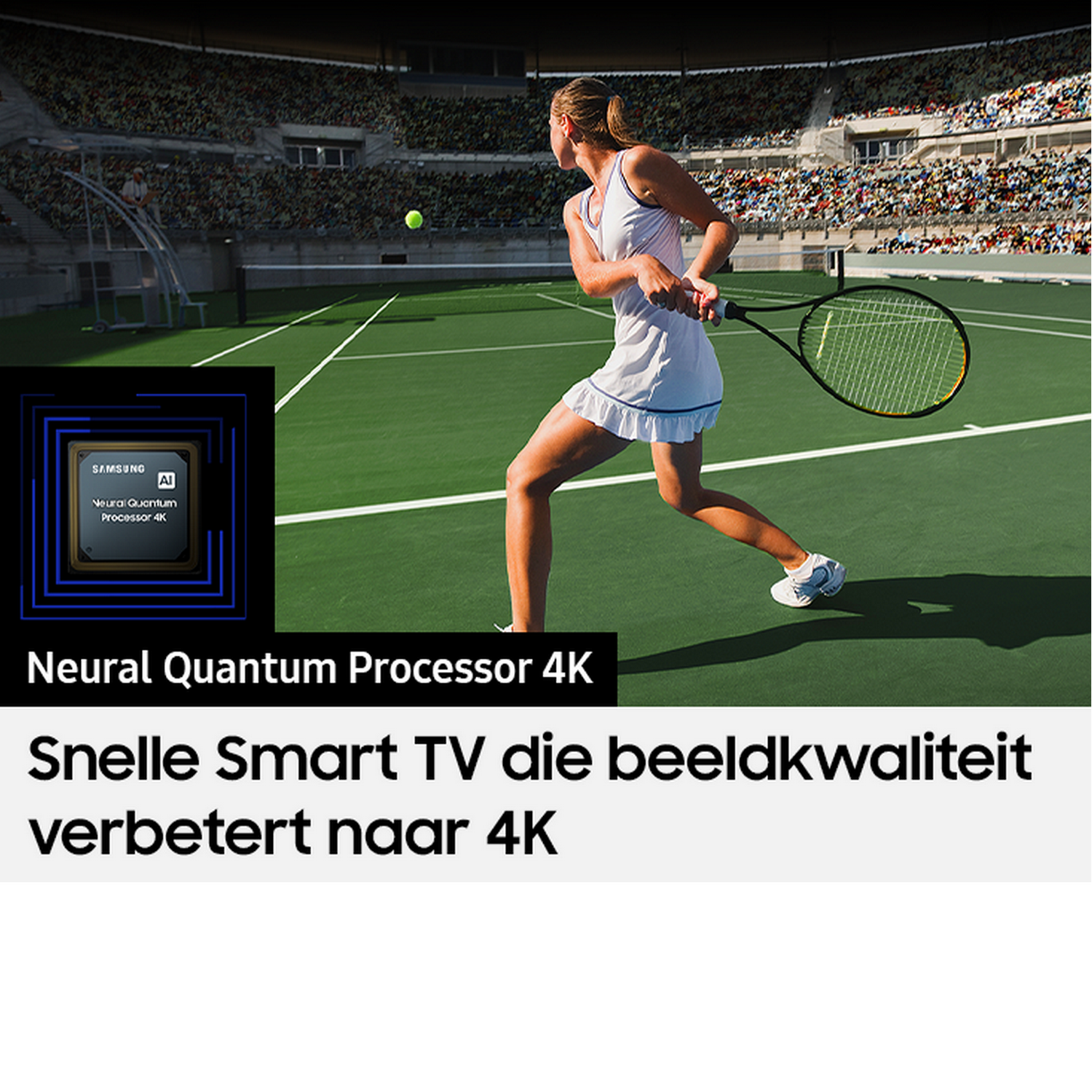 Kobieta gra w tenisa na zielonym korcie. Zawiera grafikę chipa Samsung i tekst.