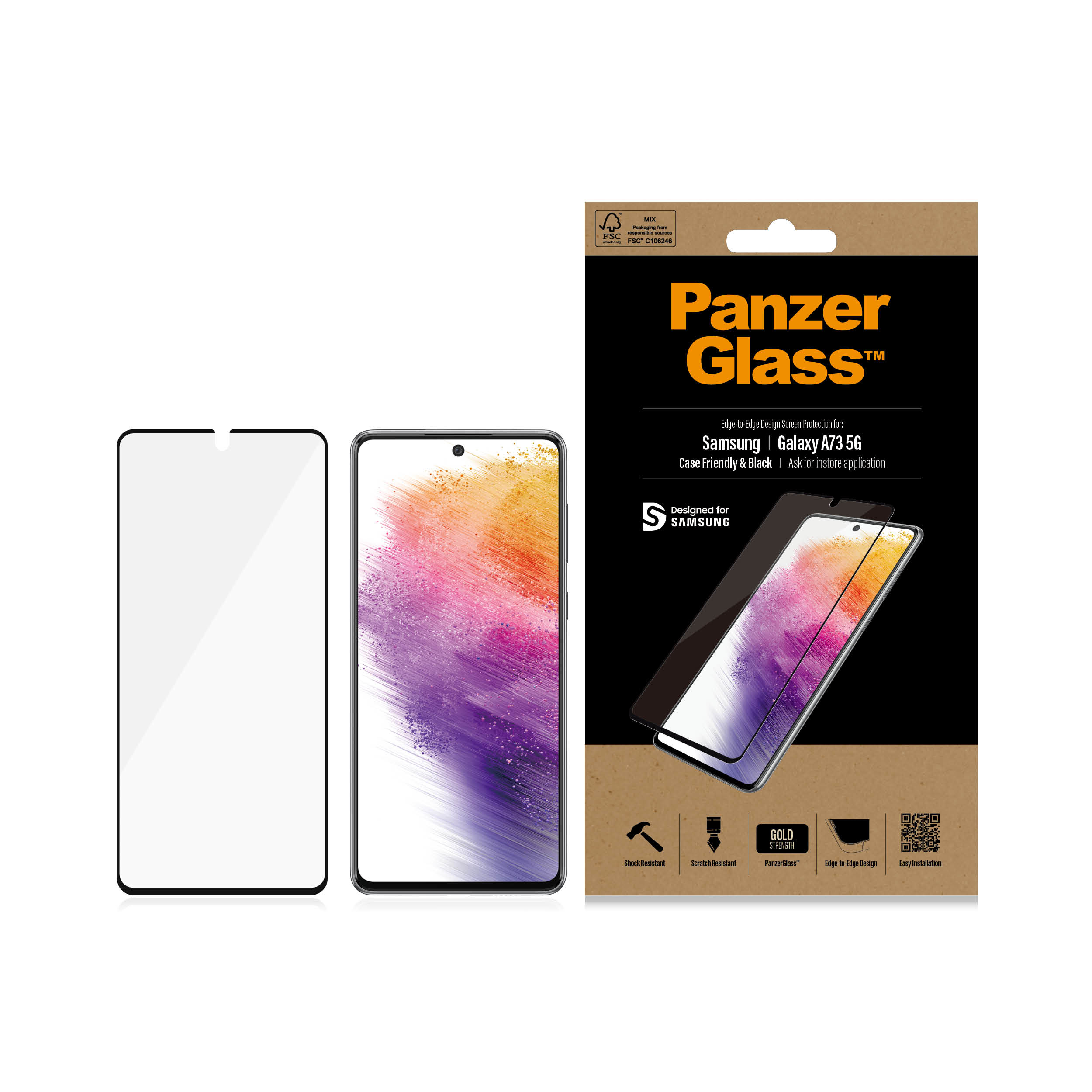 Una scatola con due protezioni schermo per Samsung Galaxy A73 5G. Una è mostrata su un telefono.