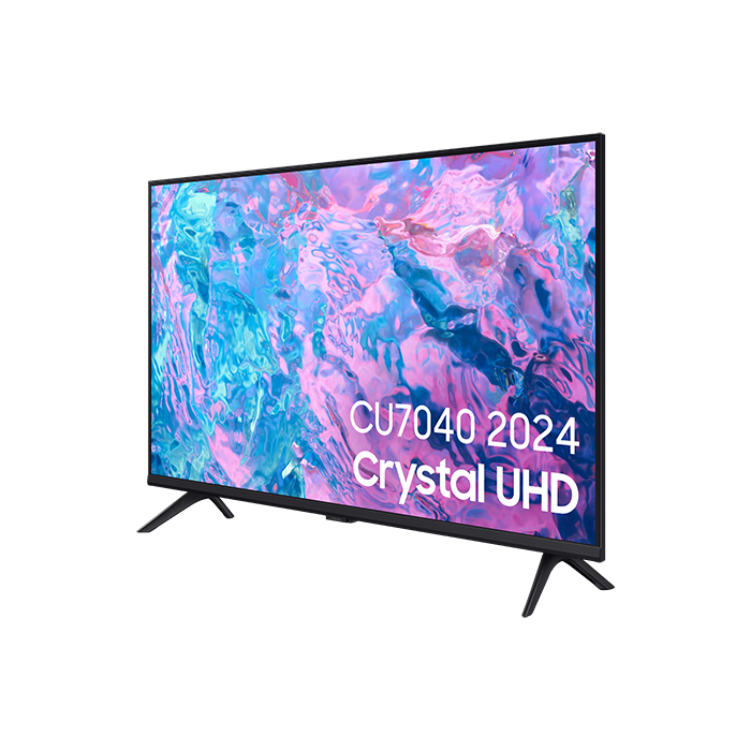 Czarny telewizor Samsung z ekranem wyświetlającym kolorowy, abstrakcyjny wzór, widok z boku.