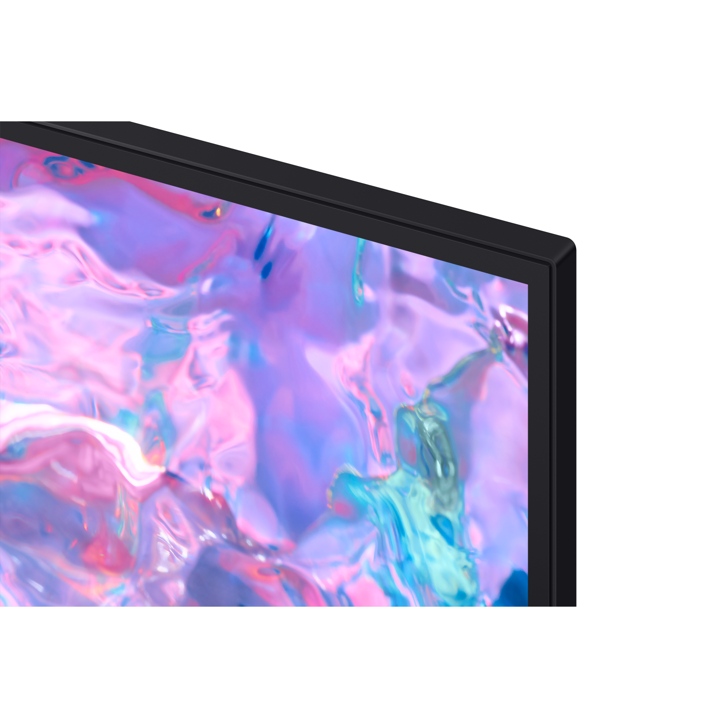 Zbliżenie czarnego ekranu telewizora. Ekran wyświetla kolorowe, abstrakcyjne kształty.