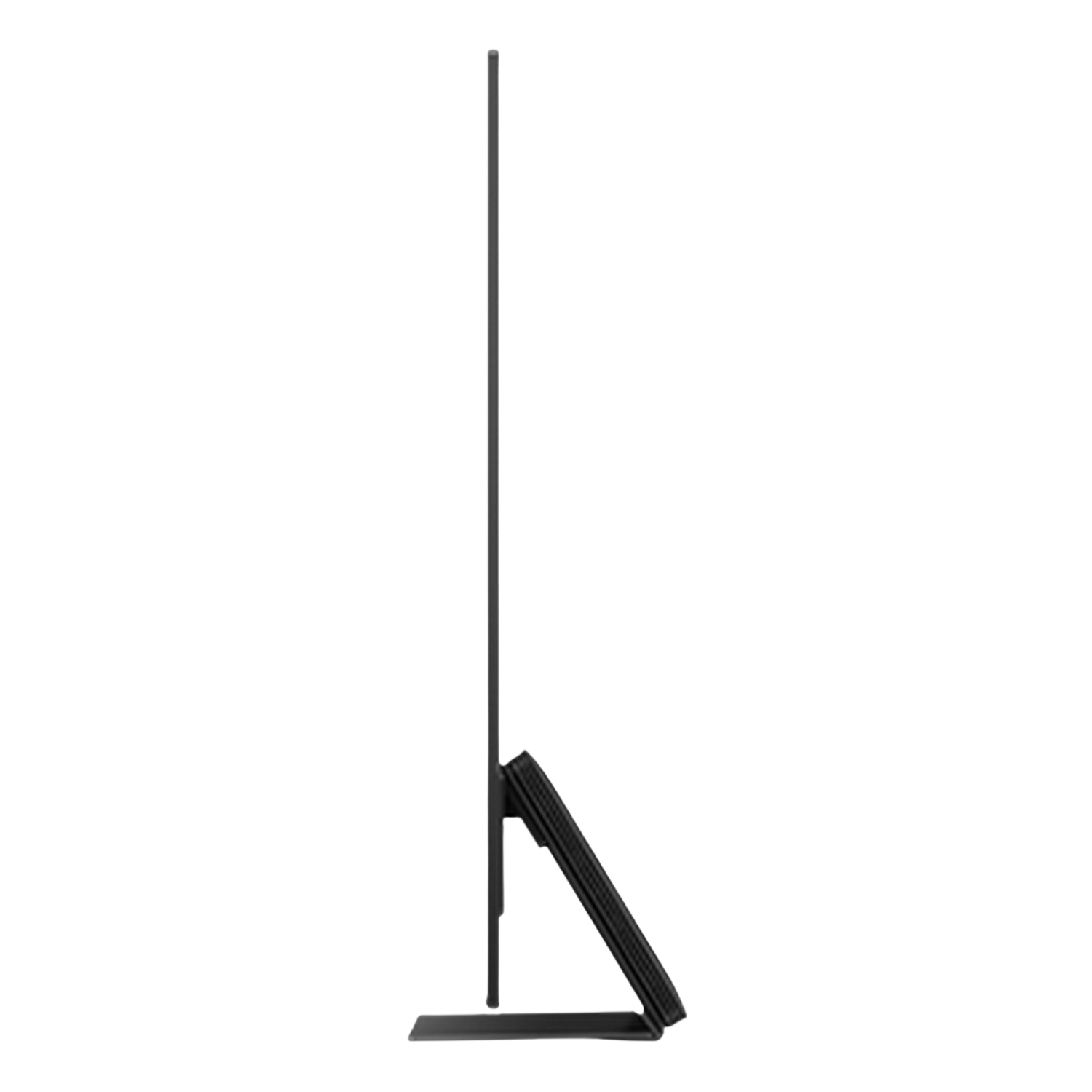 Telewizor Samsung z boku, z czarną podstawą, czarne tło.