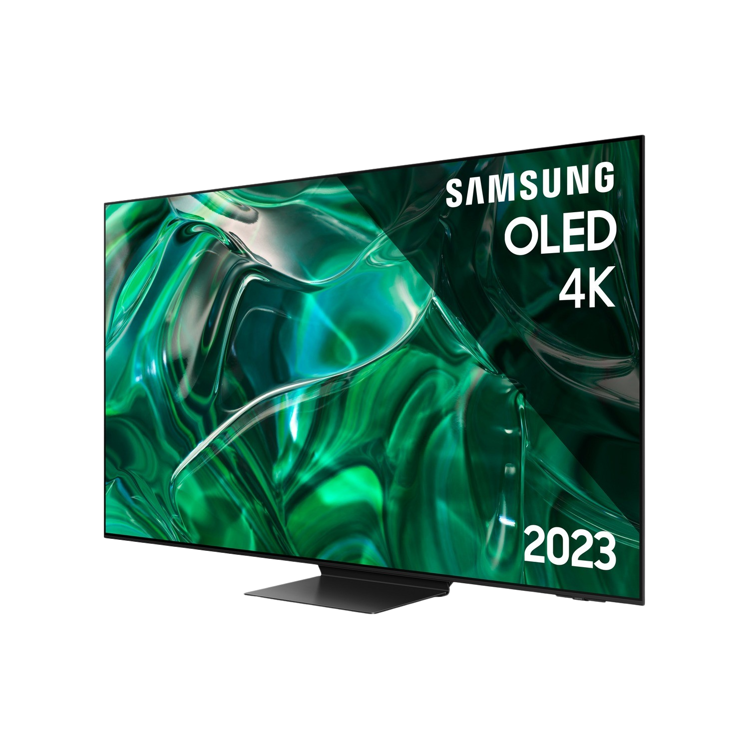 Telewizor Samsung OLED 4K, zielono-czarny ekran, 2023, na czarnym tle.