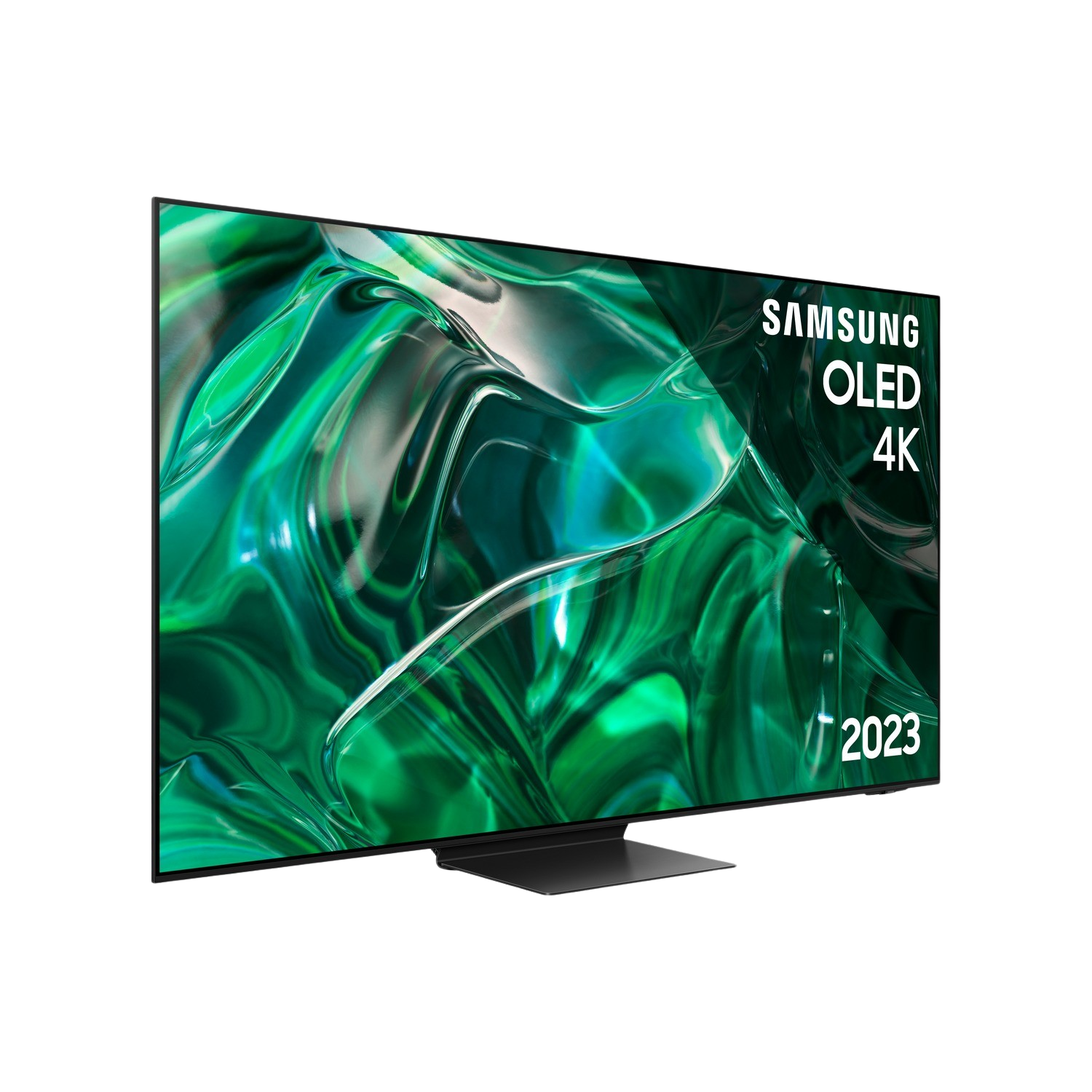 Telewizor Samsung OLED 4K na czarnym tle, wyświetlający zielony obraz.