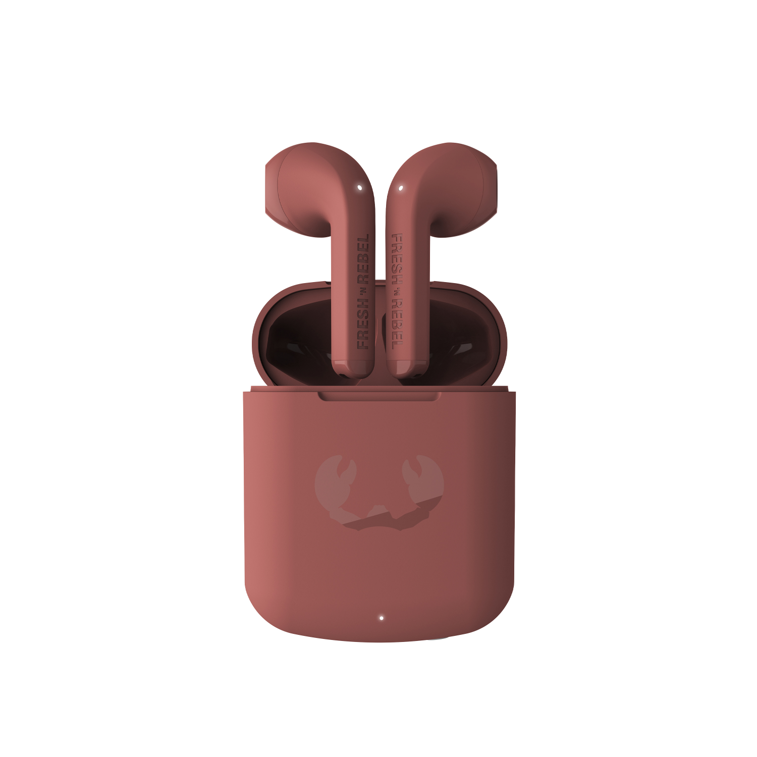 Auricolari Fresh 'n Rebel in un astuccio. Colore marrone. Sfondo bianco.