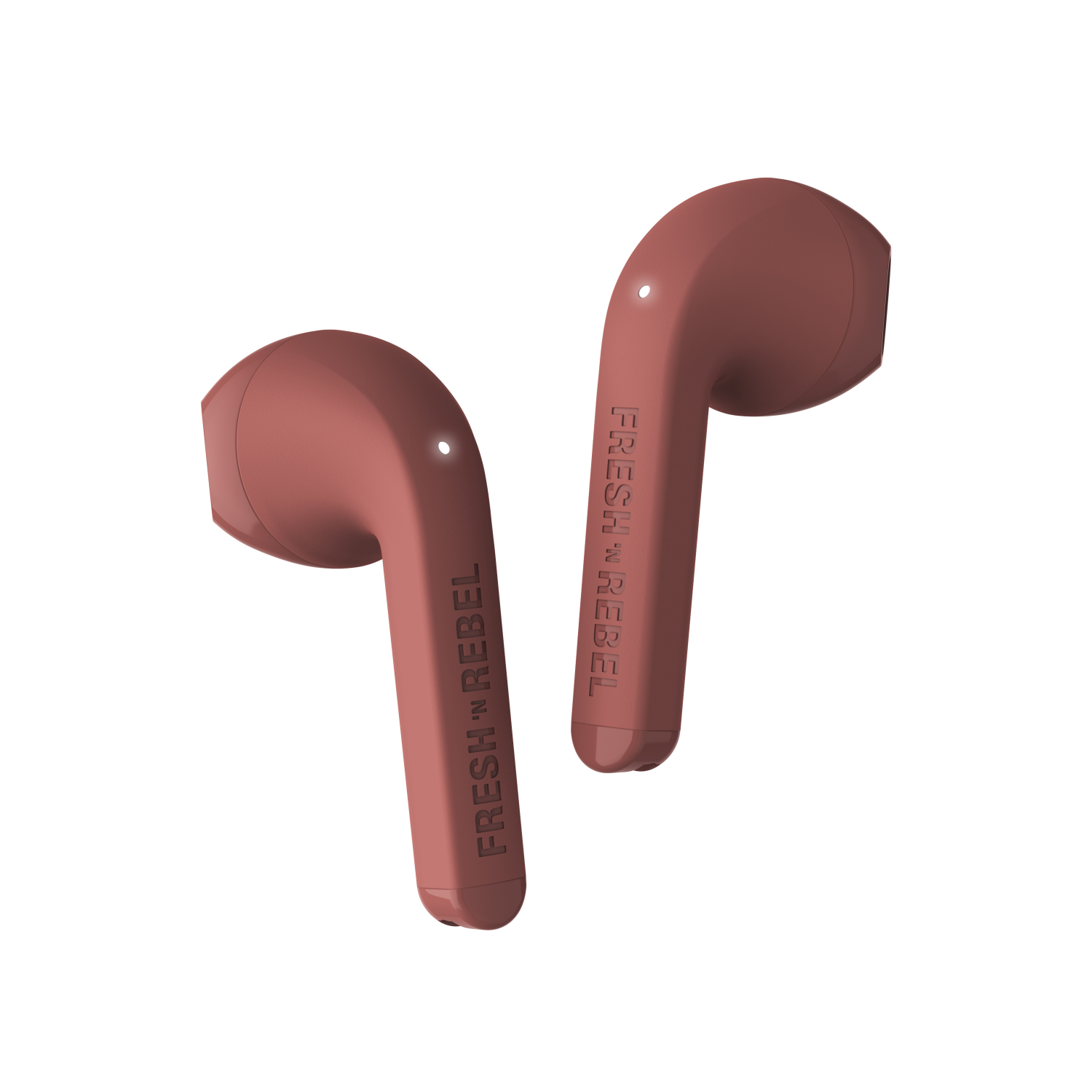 Due auricolari wireless rosso-marrone, con il marchio FRESH 'N REBEL sugli steli, su sfondo bianco.