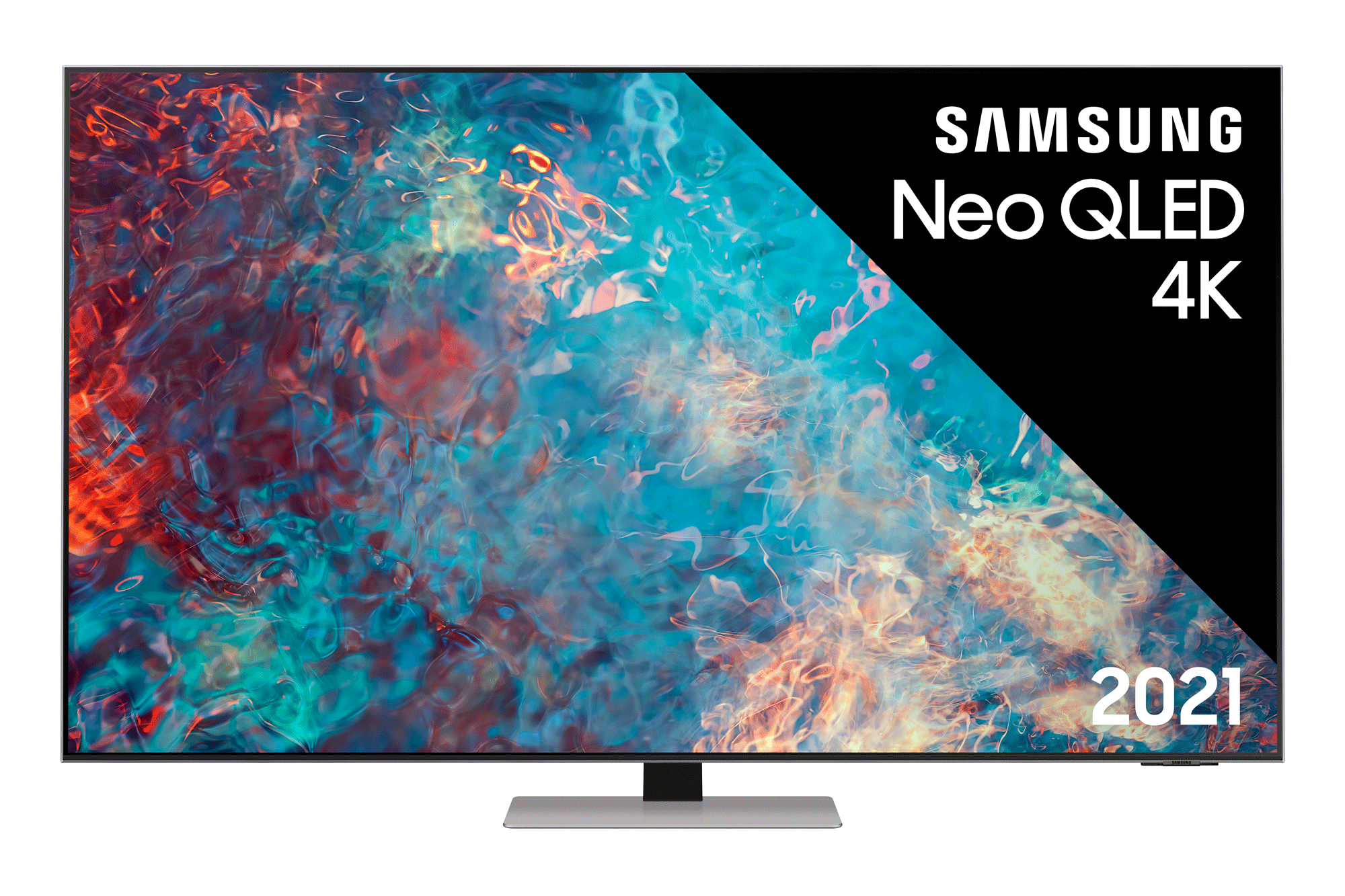 Samsung Neo QLED 4K TV, schwarzer Rahmen, blauer und türkisfarbener Bildschirm, und 2021 Text.